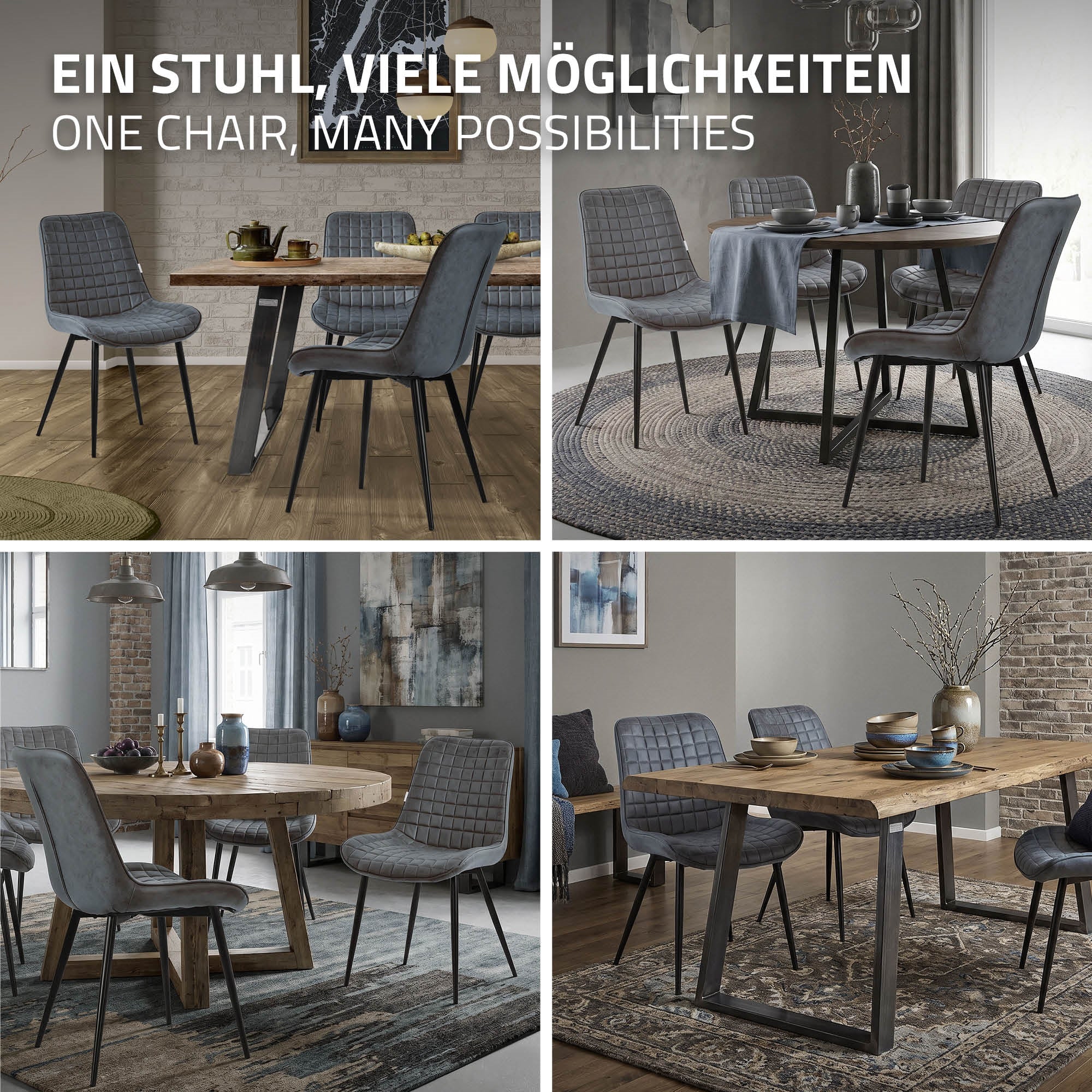 Ein Stuhl in verschiedenen Arrangements, umgeben von Tischen und Dekoration.
