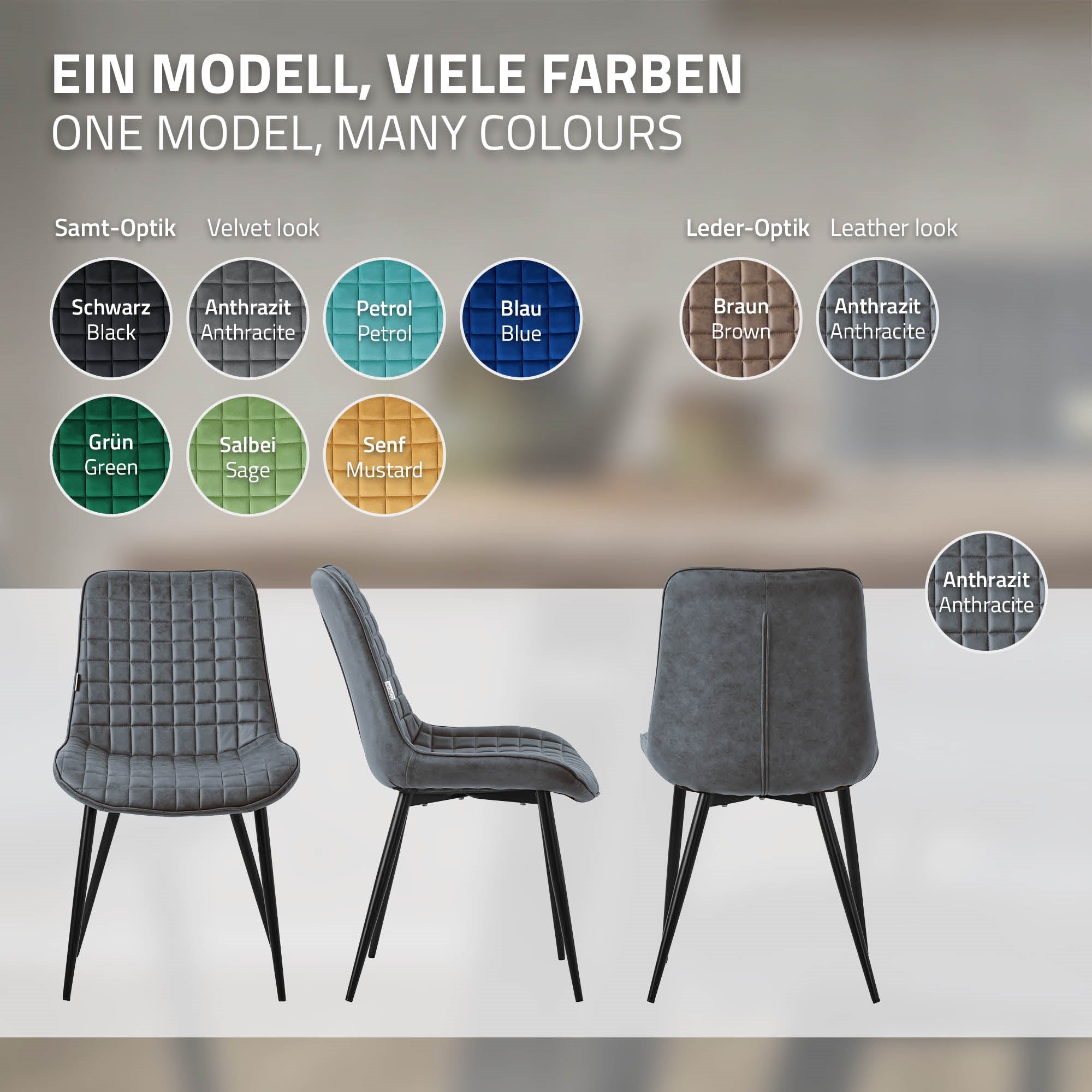 Stuhlmodell in verschiedenen Farben, mit gestepptem Design.