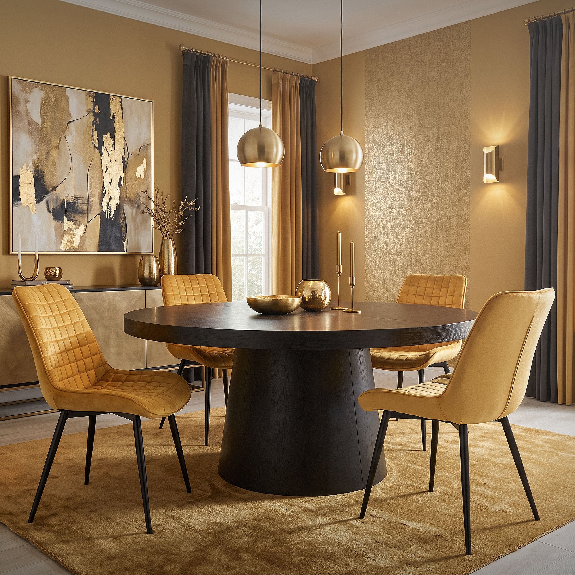 Une salle à manger avec une table ronde, des chaises jaunes et des lampes dorées.