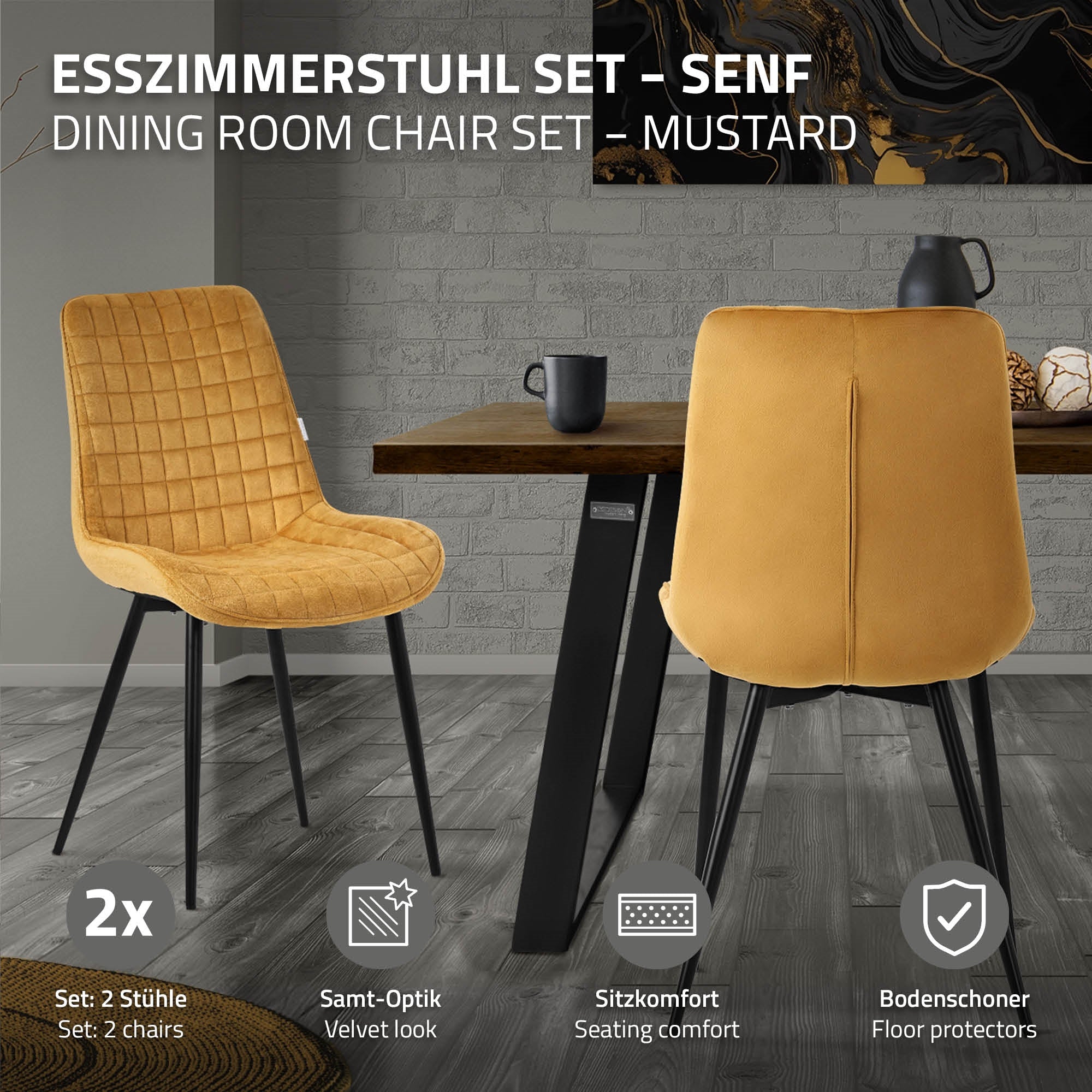 Esszimmerstuhl Set in Senf, zwei Stühle, Samt-Optik, Sitzkomfort, Bodenschoner.