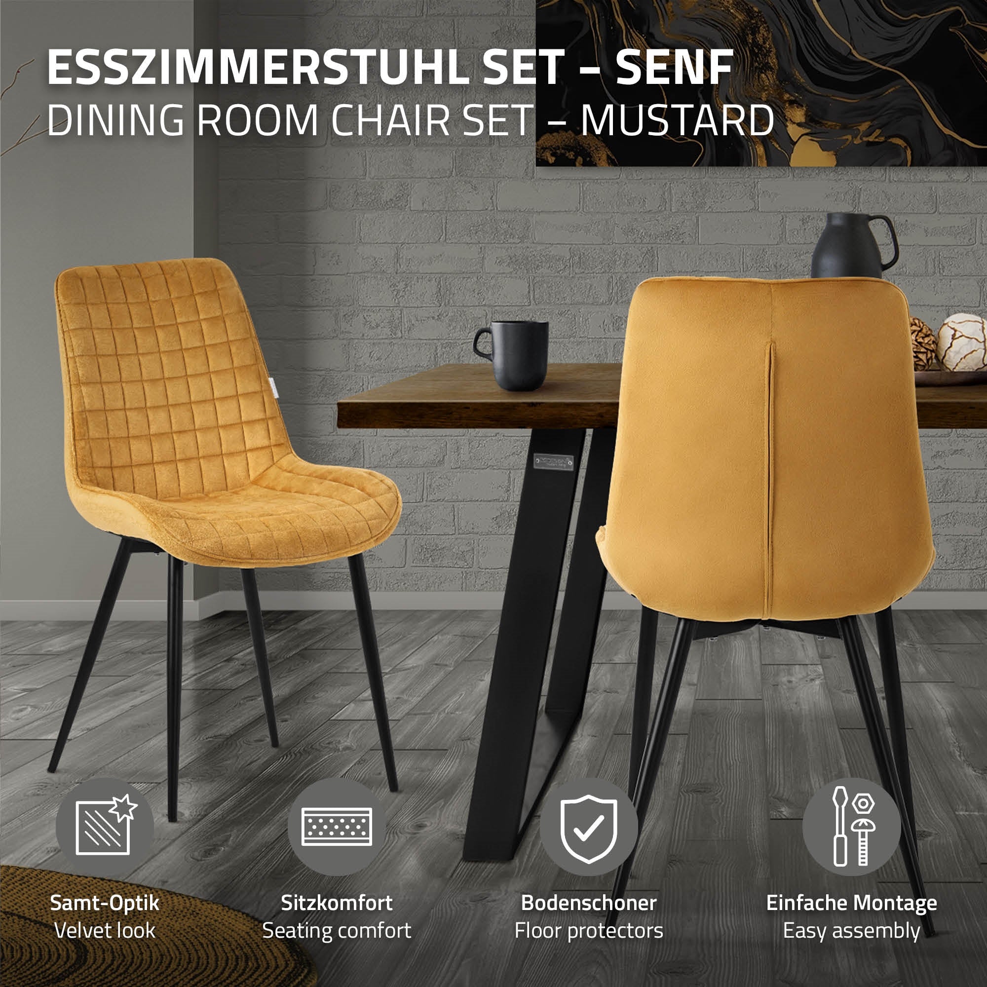 Esszimmerstuhl in Senf mit Tisch, Boden und einfachem Montagehinweis.