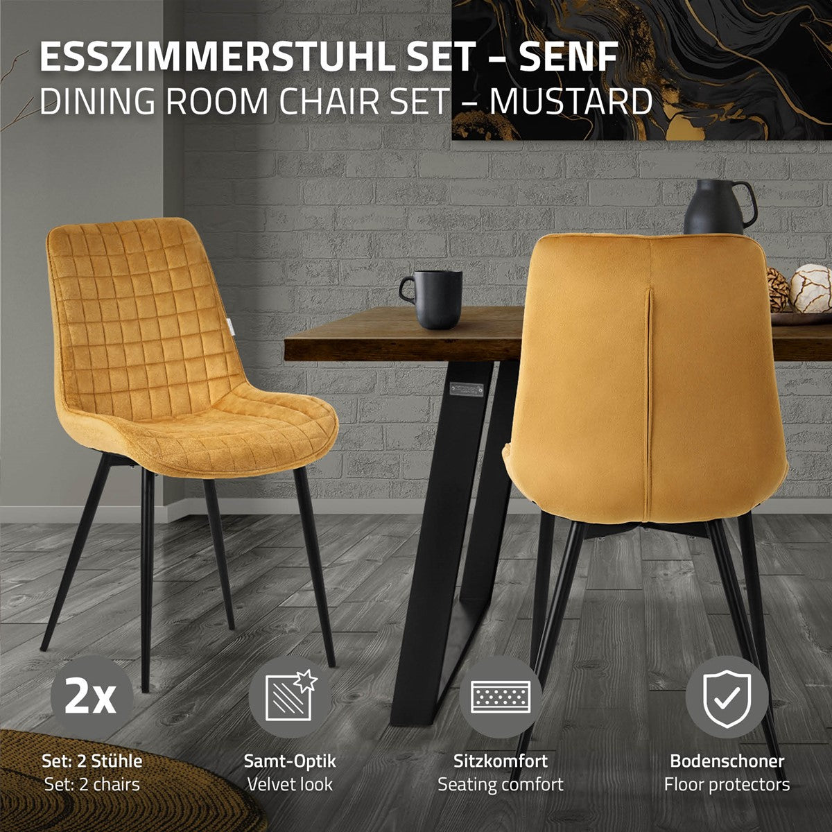 Ensemble de chaises de salle à manger couleur moutarde, deux chaises, aspect velours, confort d’assise, protège-sols.