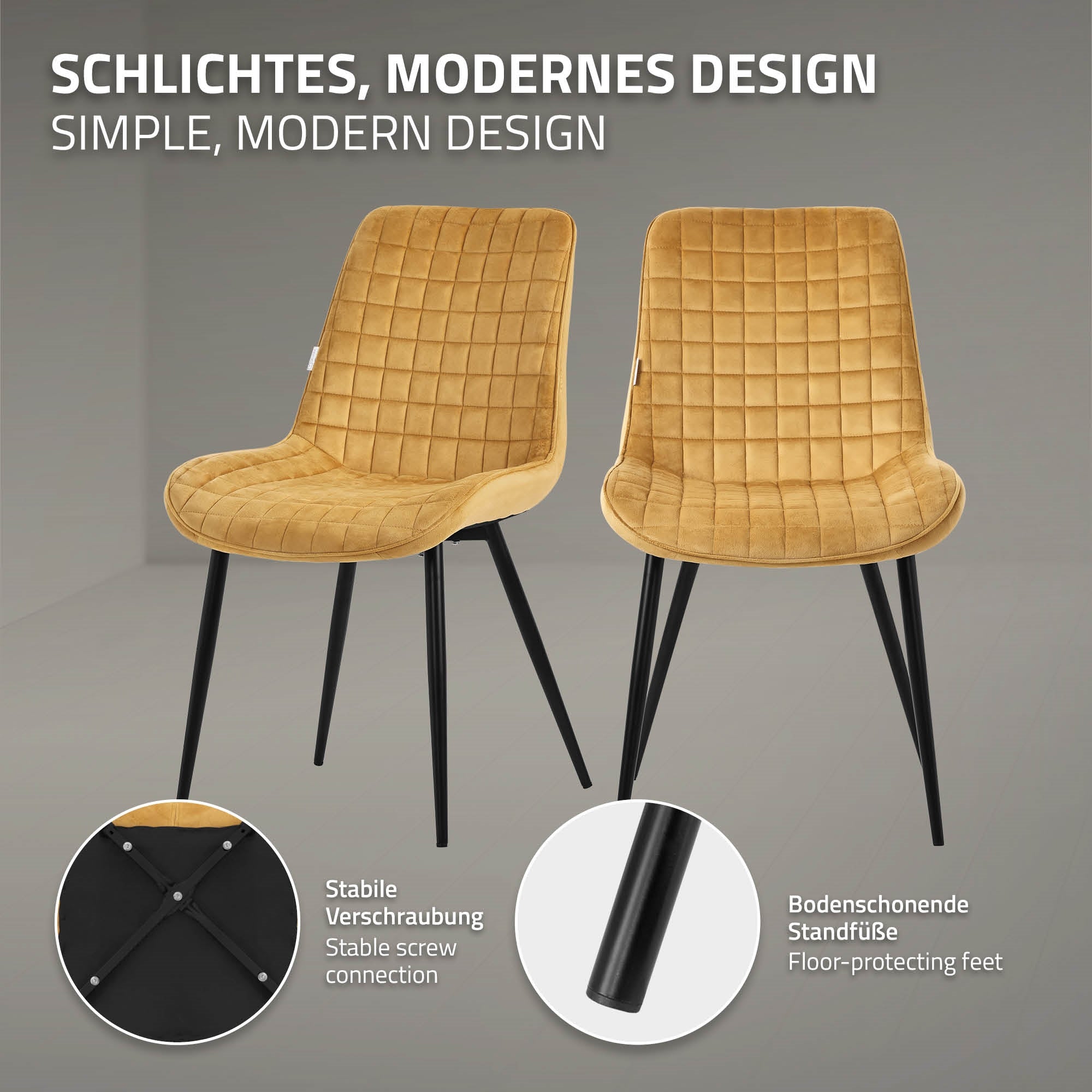 Two yellow chairs with a square pattern and black legs.