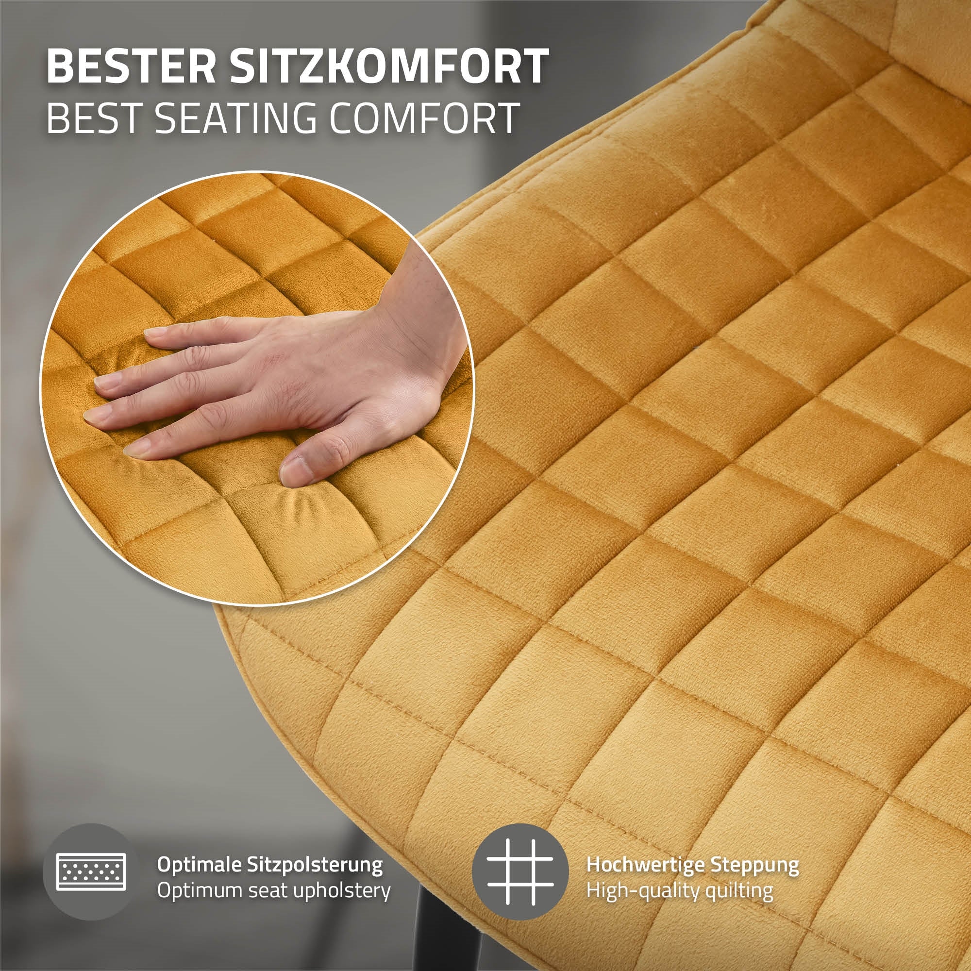Gros plan sur une chaise jaune avec une main touchant le rembourrage.