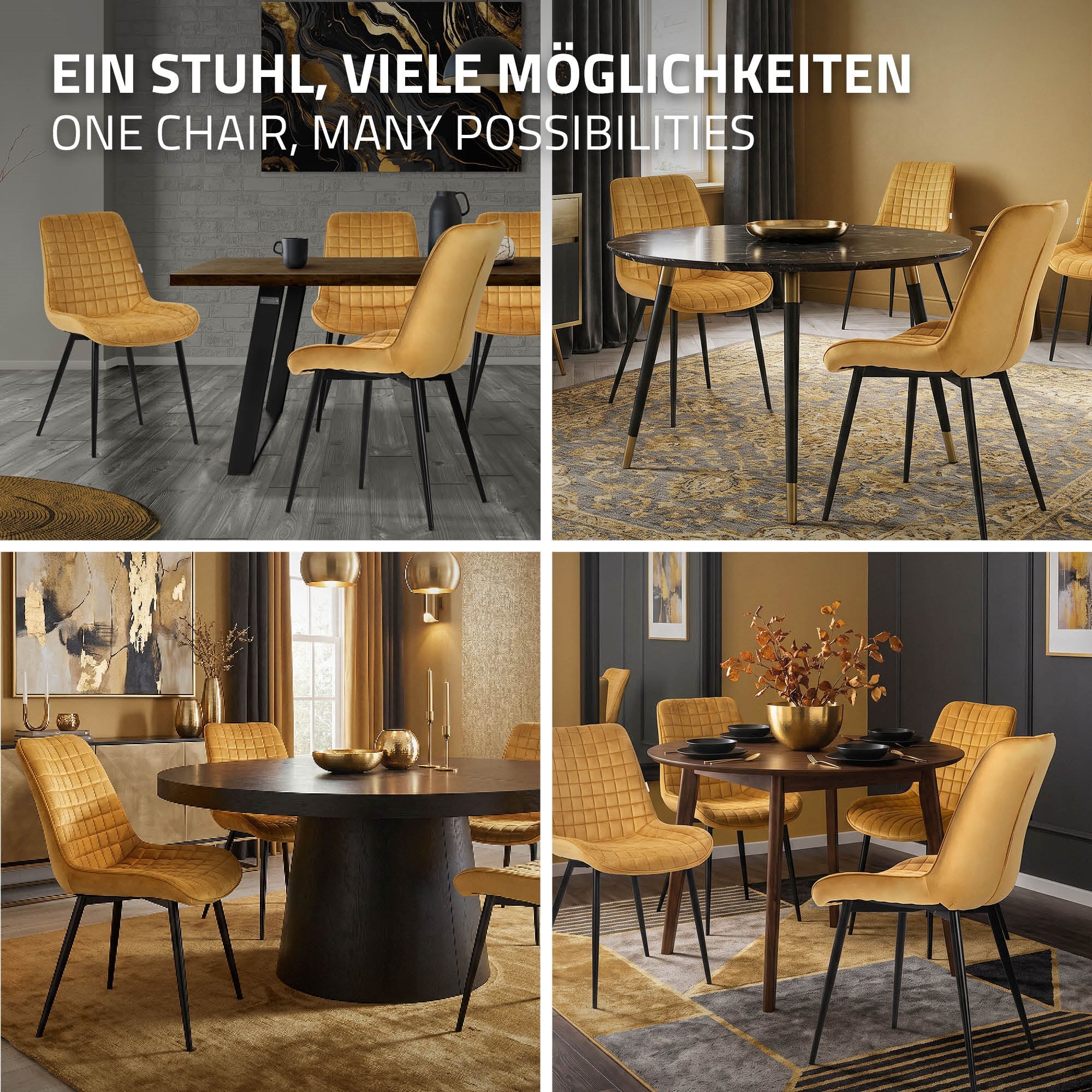 Vier Esszimmerstühle in einem eleganten Raum um einen runden Tisch angeordnet.