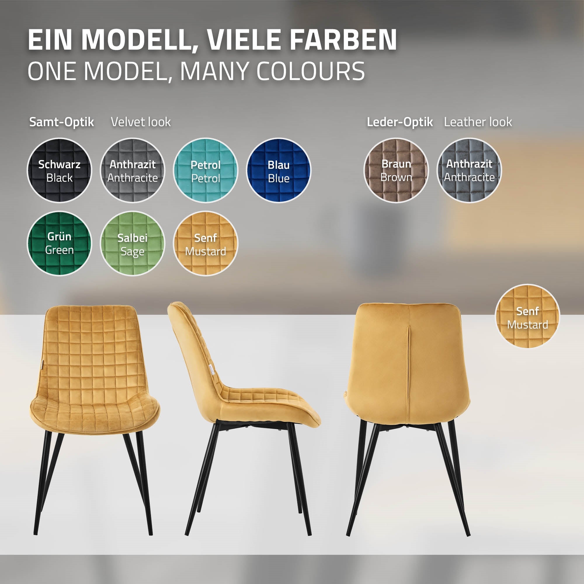 Une chaise dans différentes couleurs : noir, anthracite, pétrole, bleu, vert, vert sauge, moutarde.