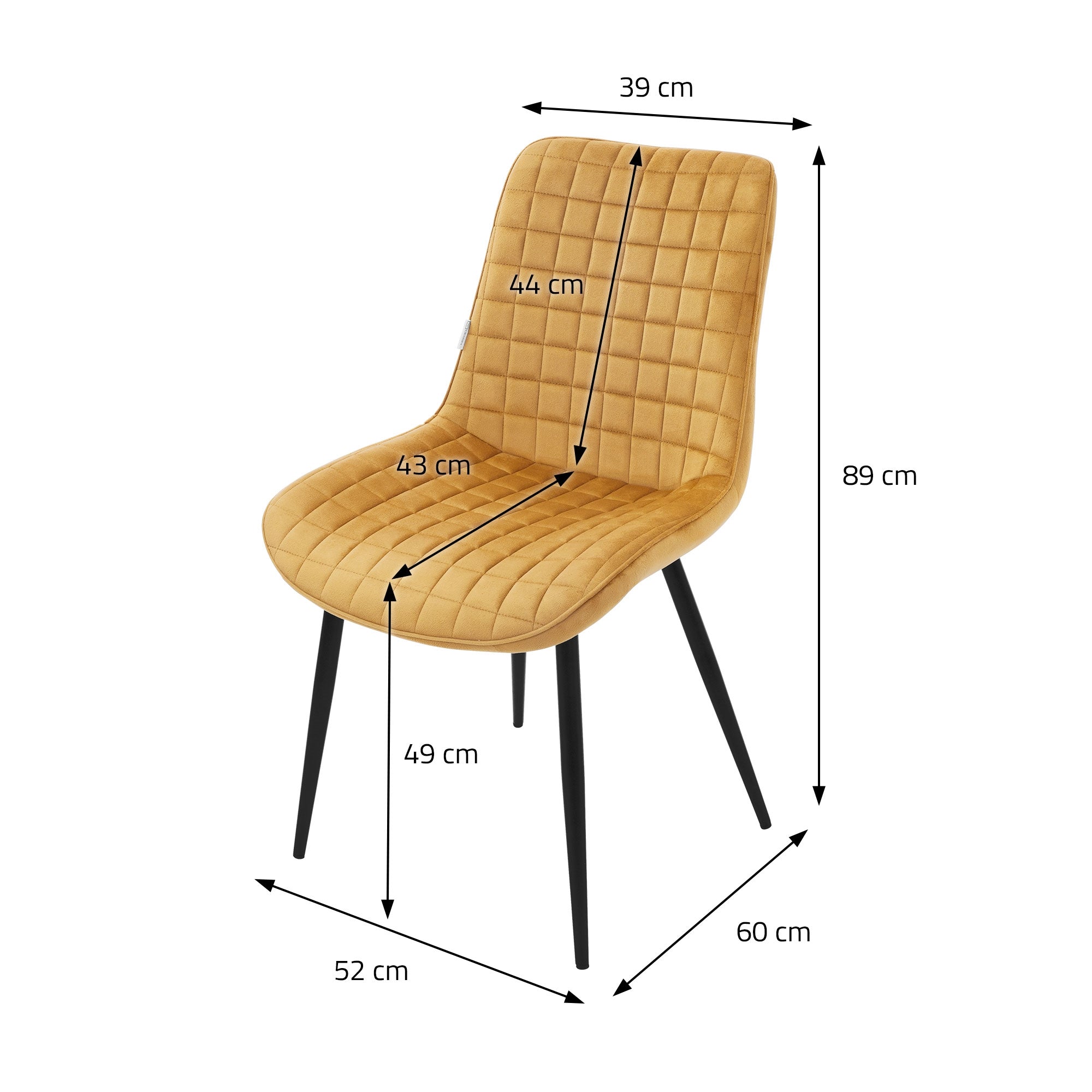 Mål for en stol i cm, med forskellige dimensioner.
