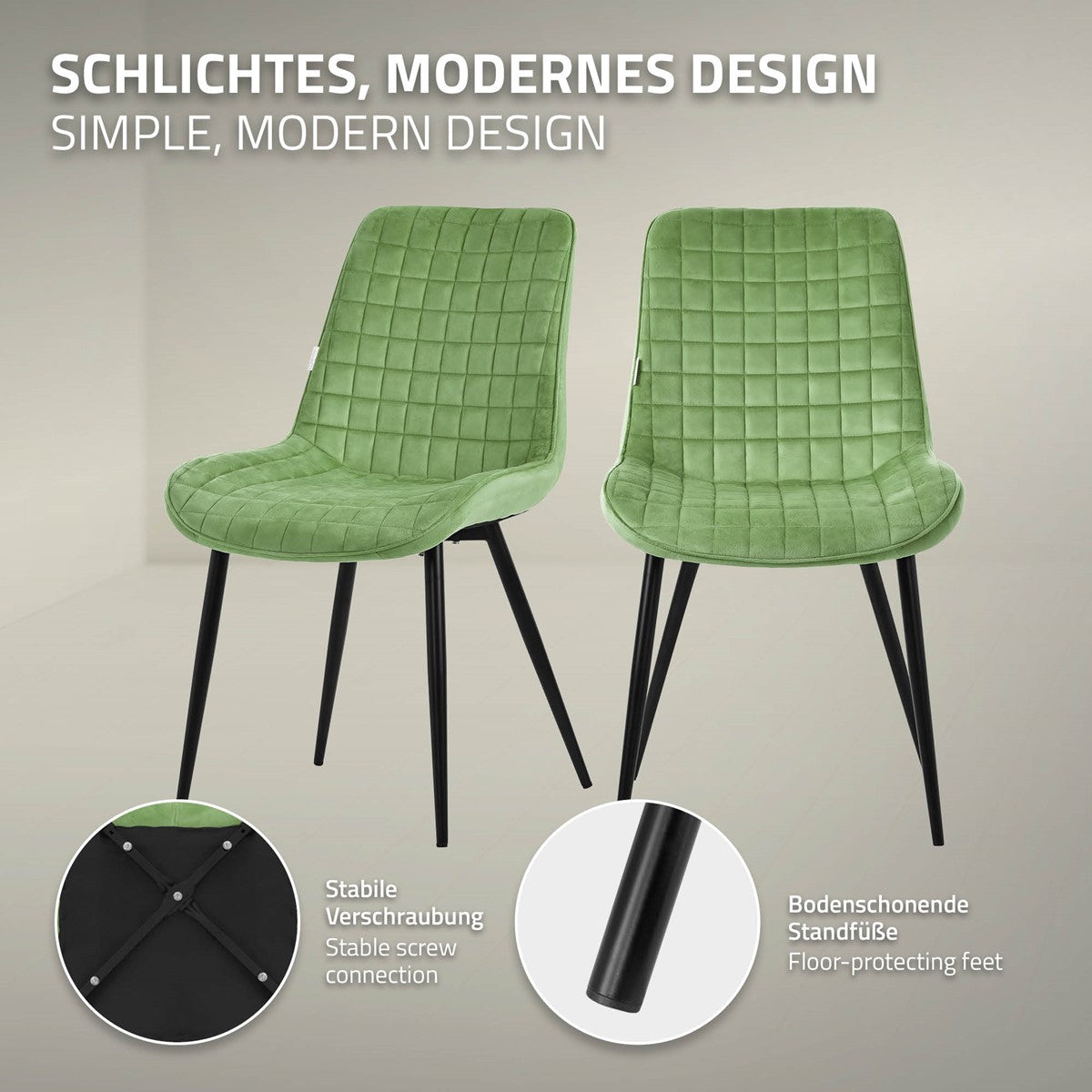 Two green chairs with sturdy legs in a minimalist design.