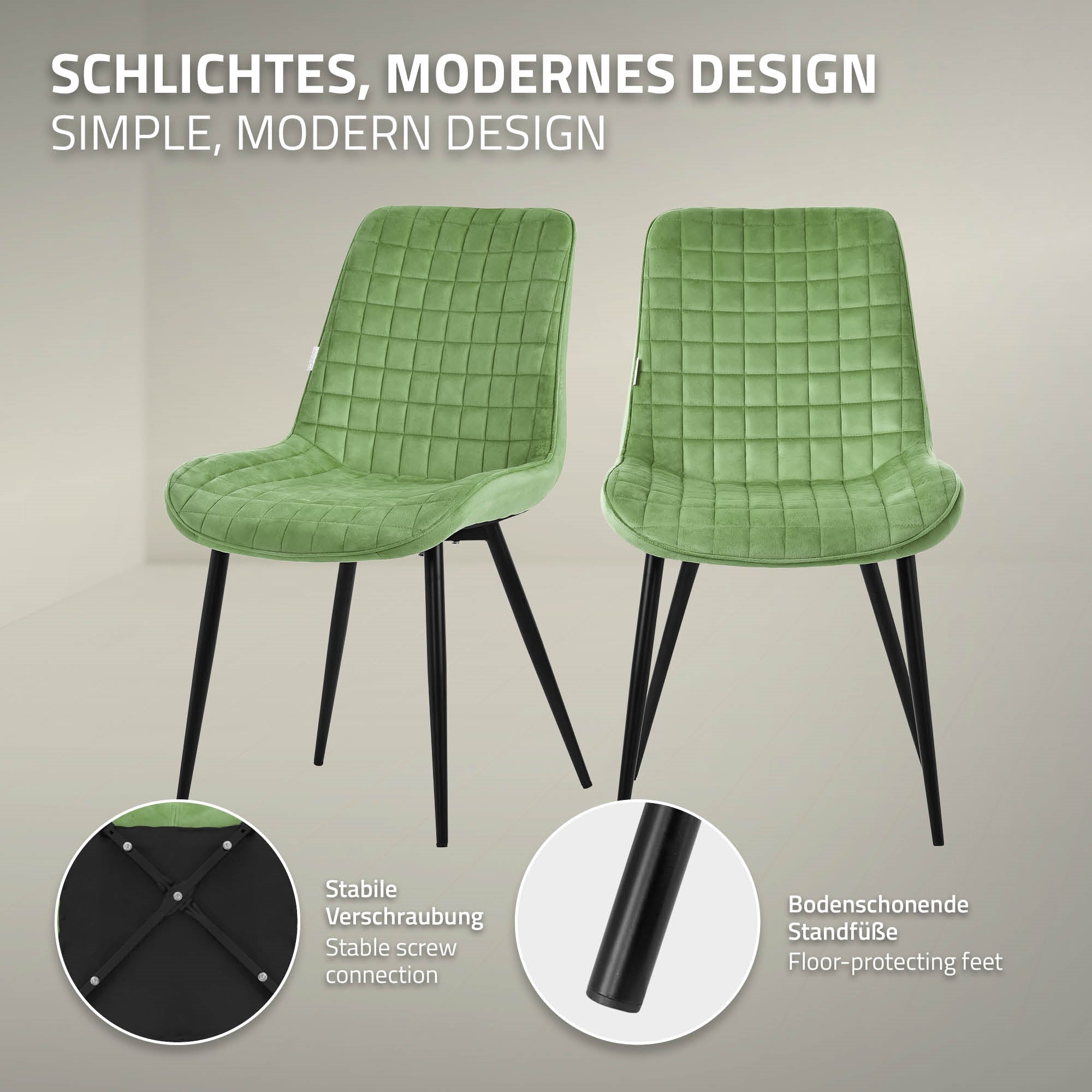 Zwei grüne Stühle mit stabilen Füßen in einem minimalistischen Design.