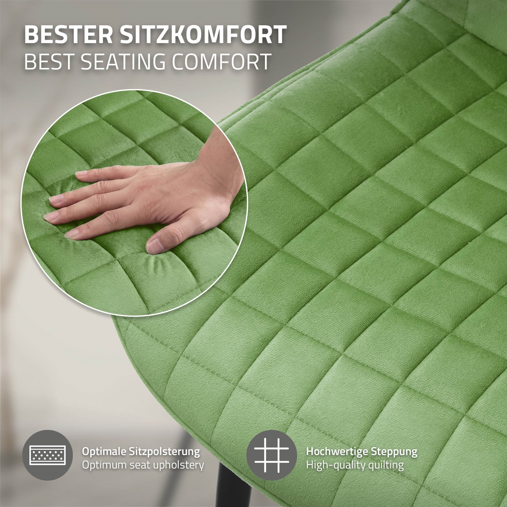 Nahaufnahme eines grünen Stuhls mit gepolsterter Sitzfläche.