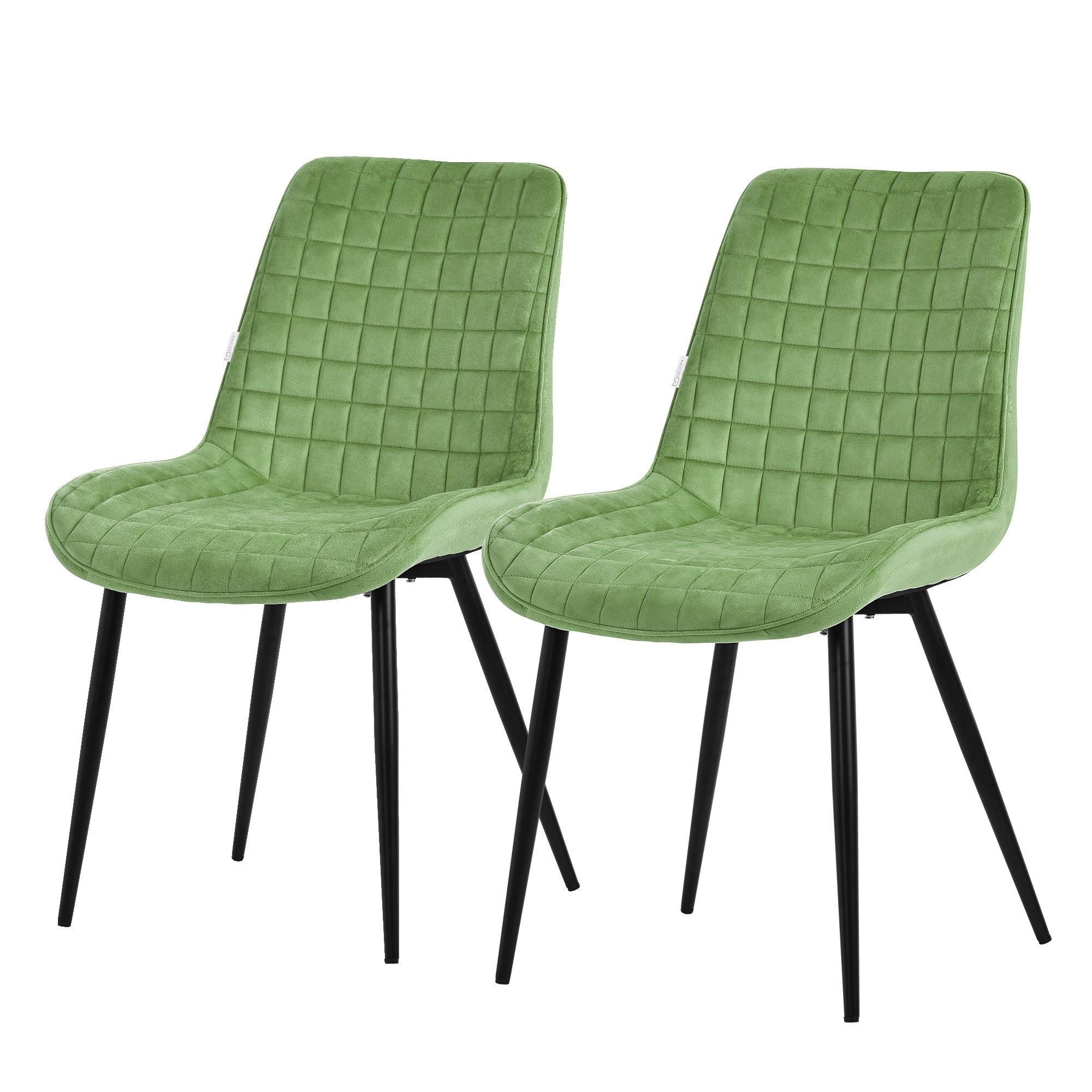 Zwei grüne Stühle mit quadratischer Polsterung und schwarzem Gestell.