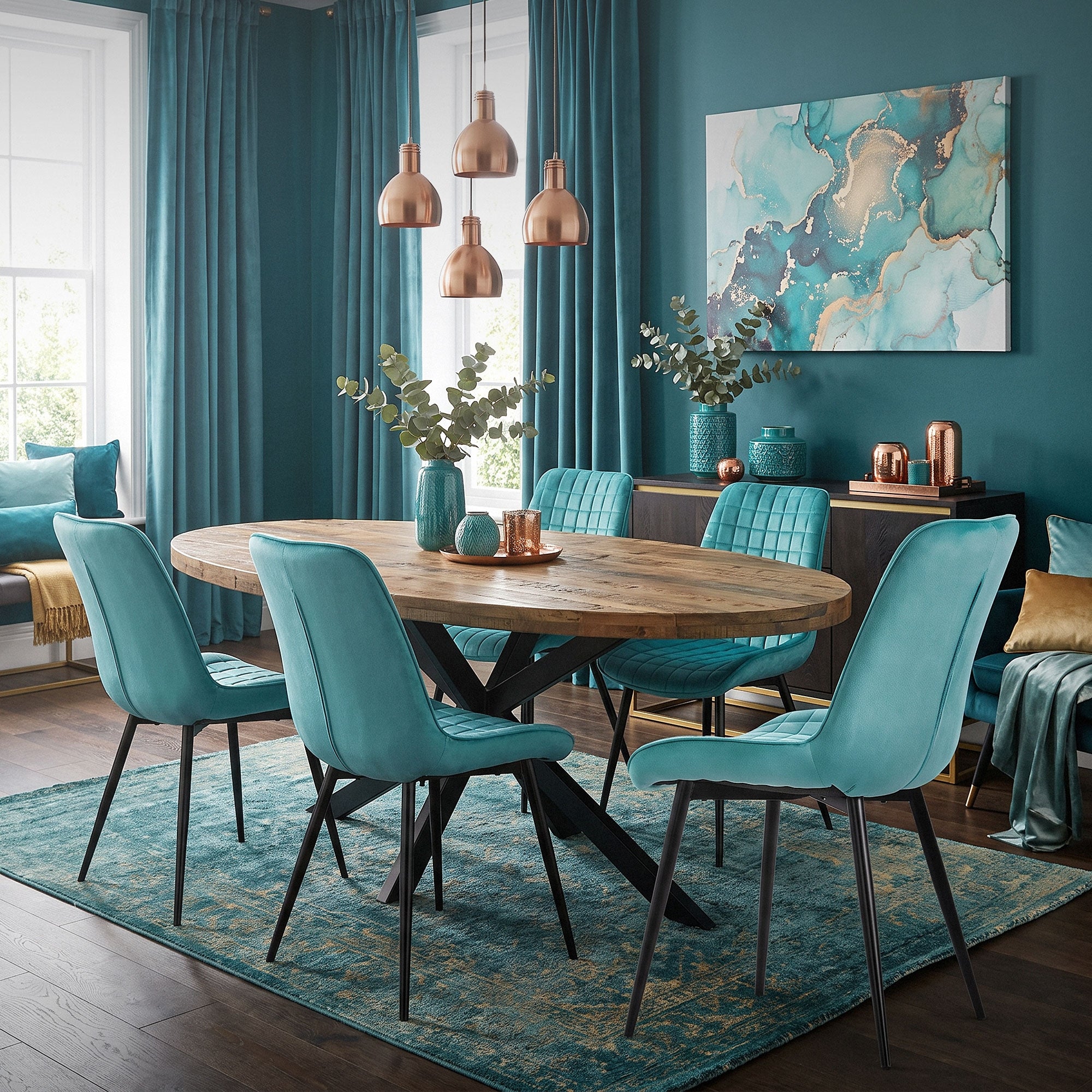 Ein Esszimmer mit ovalem Tisch, türkisfarbenen Stühlen und goldenen Akzenten.