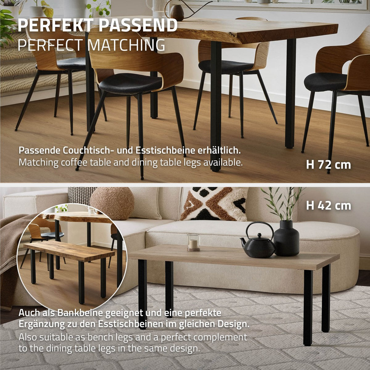 Holztisch mit schwarzen Beinen und zwei Stühlen in einem modernen Raum.