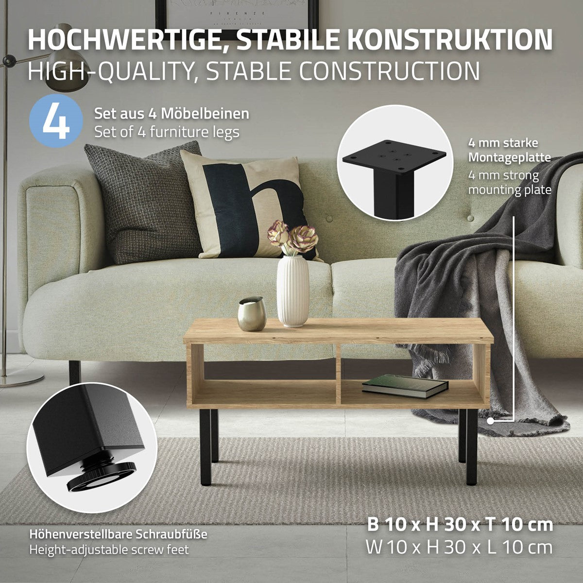 Ein Wohnzimmer mit Möbeln und einem Fokus auf stabile Konstruktion.