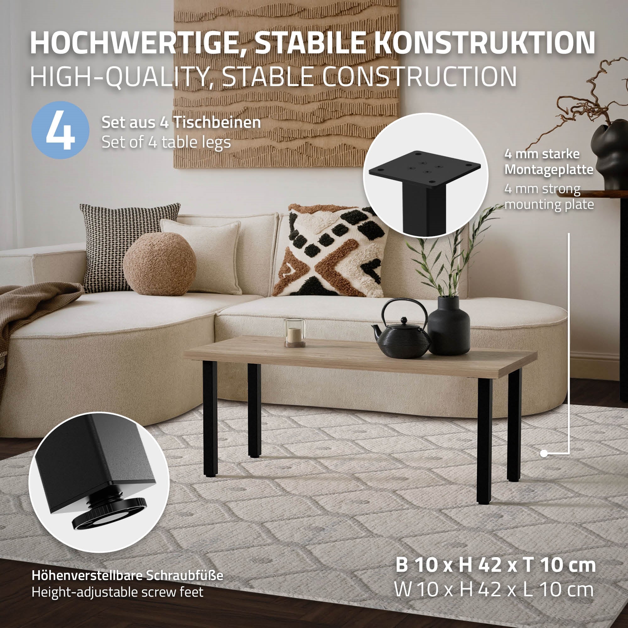 Tisch mit vier stabilen Tischbeinen und einer Montageplatte.