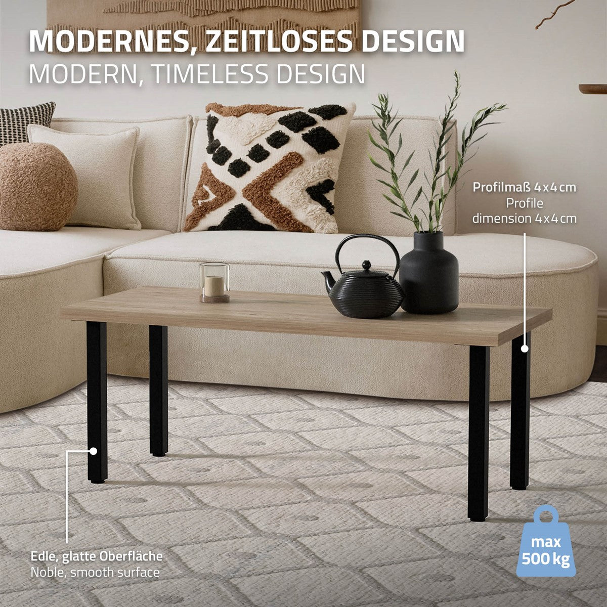 Une table moderne avec une surface lisse et des pieds stables.
