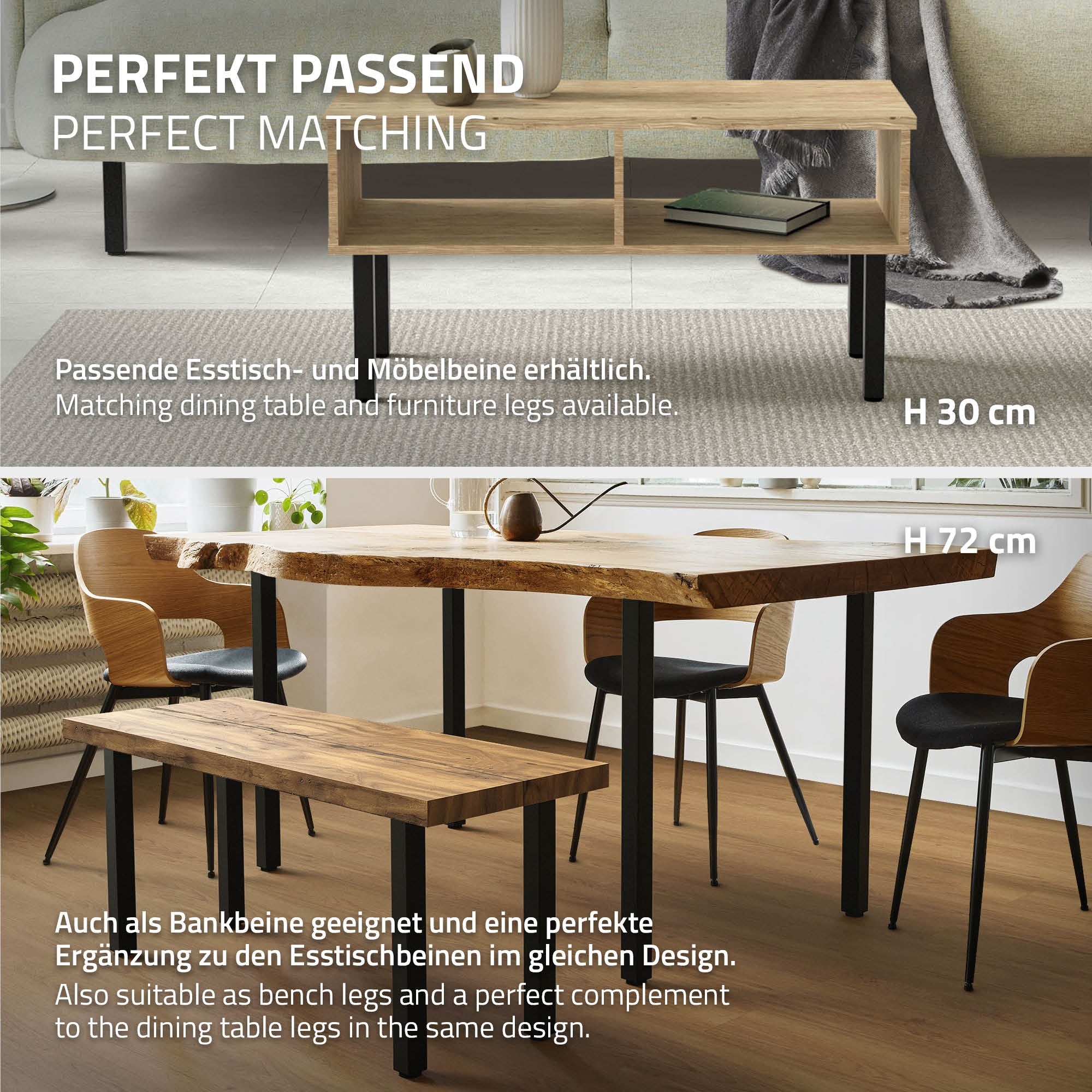 Holztisch mit zwei Höhen, Stühle im Hintergrund, moderne Einrichtung.