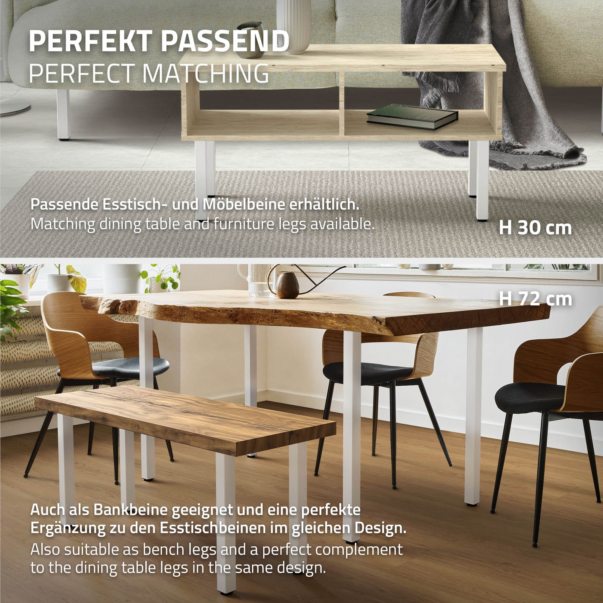 Dos mesas con diferentes alturas y patas de muebles a juego.