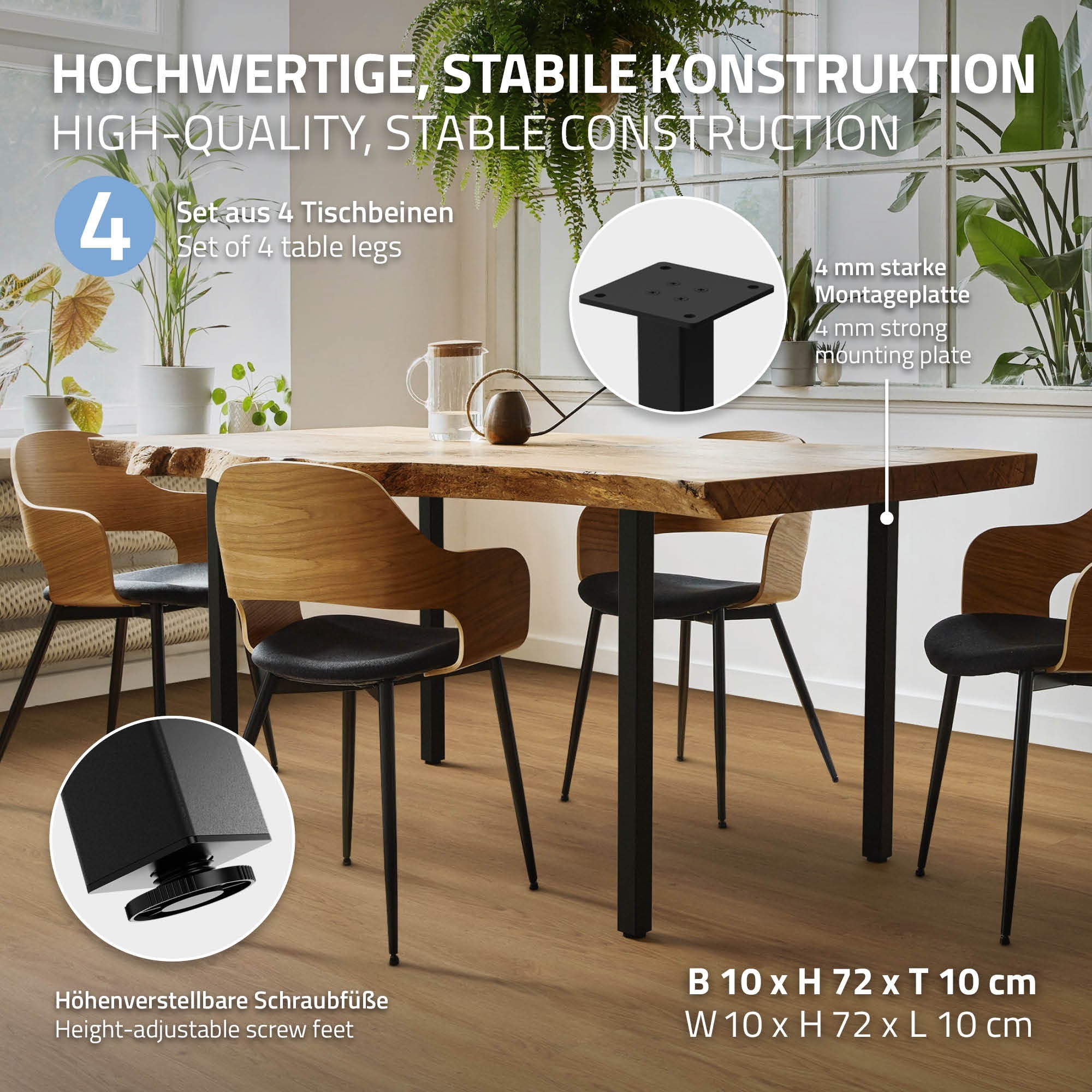 Holztisch mit vier Tischbeinen in einem modernen Raum.