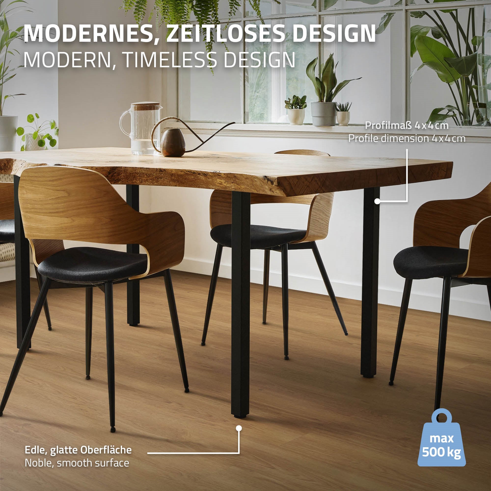 Wood table with elegant surface and sturdy legs.