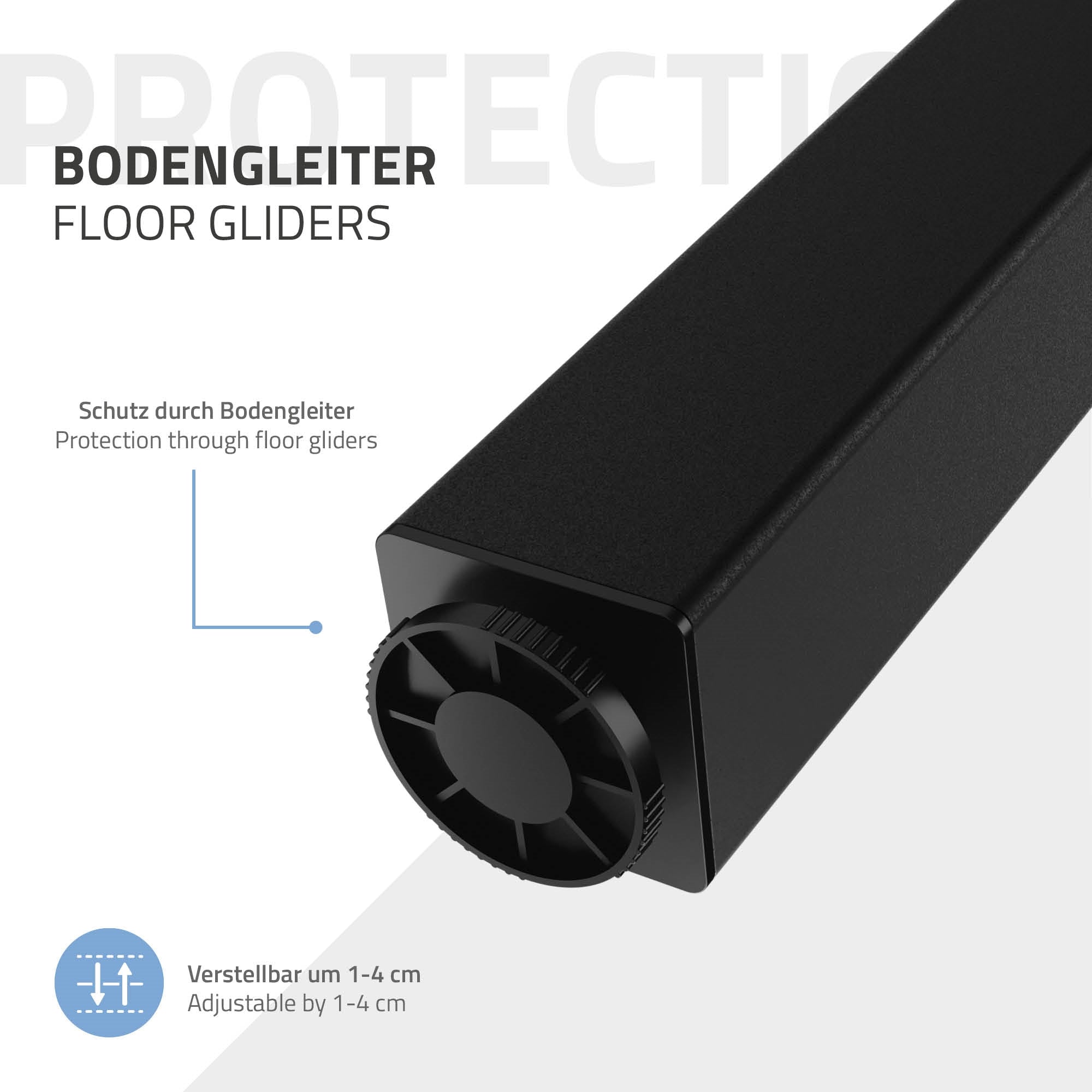 Black floor glide with adjustable mechanism from 1-4 cm.