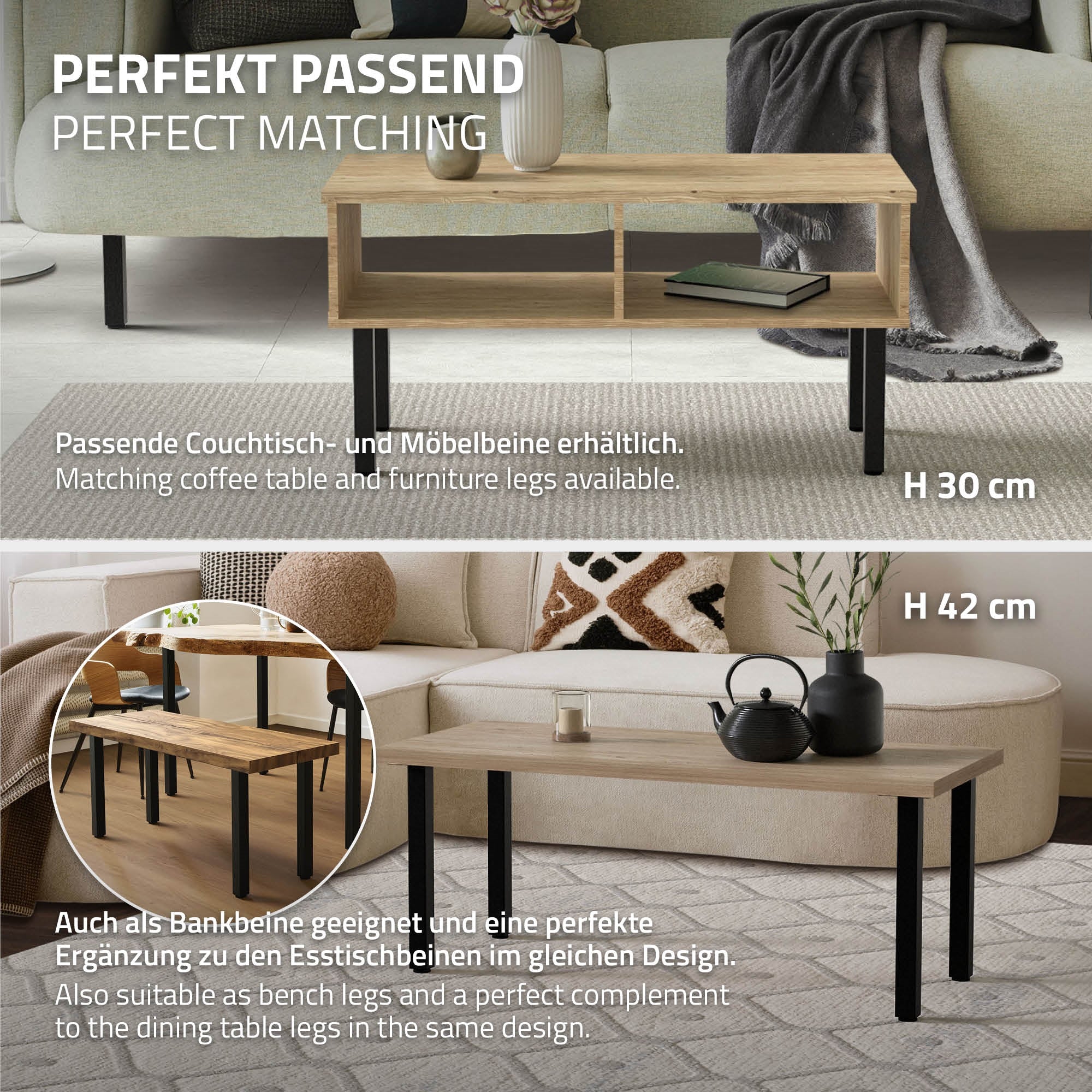 Two tables with different heights and matching furniture legs.
