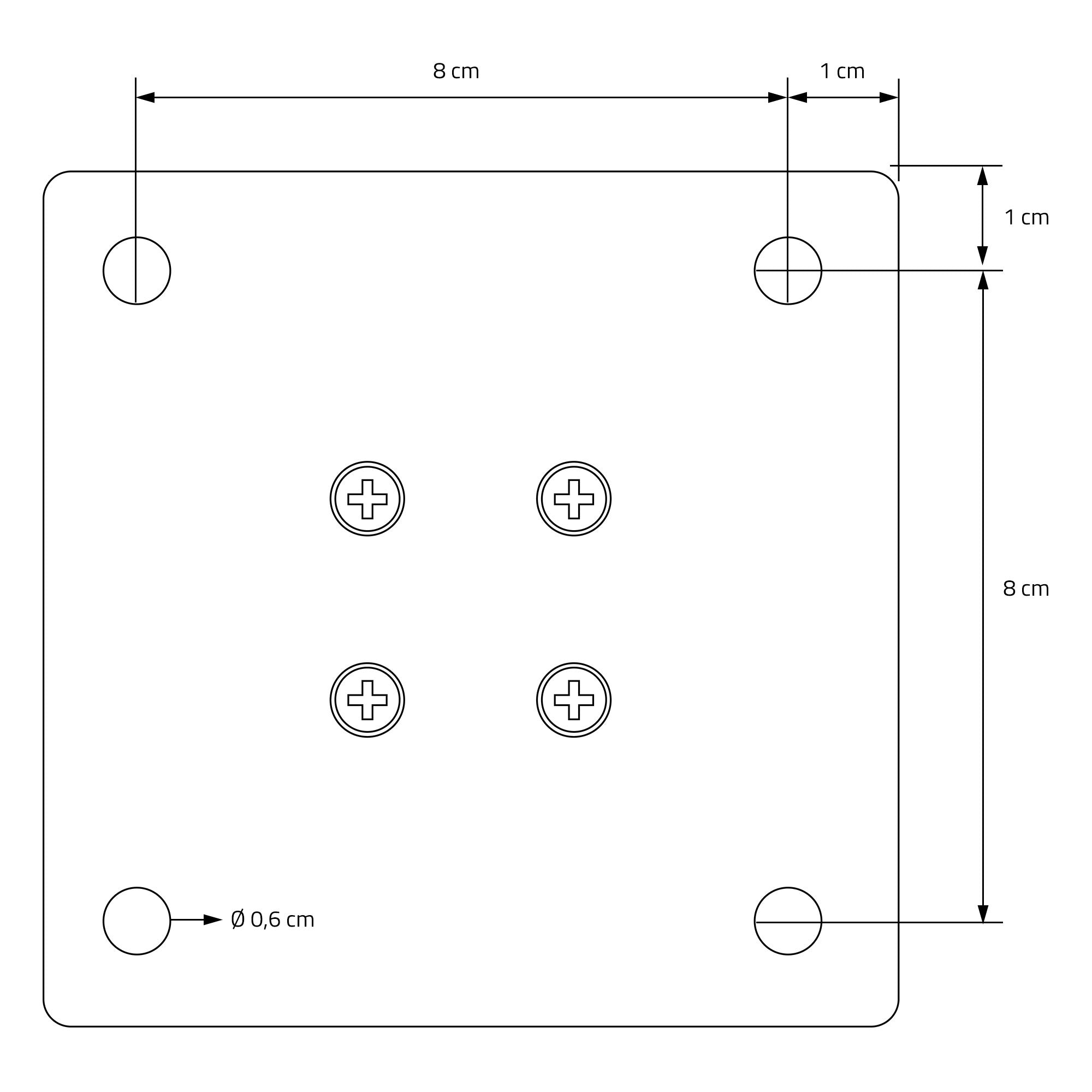 Technical drawing of a square part with dimensions and drill holes.
