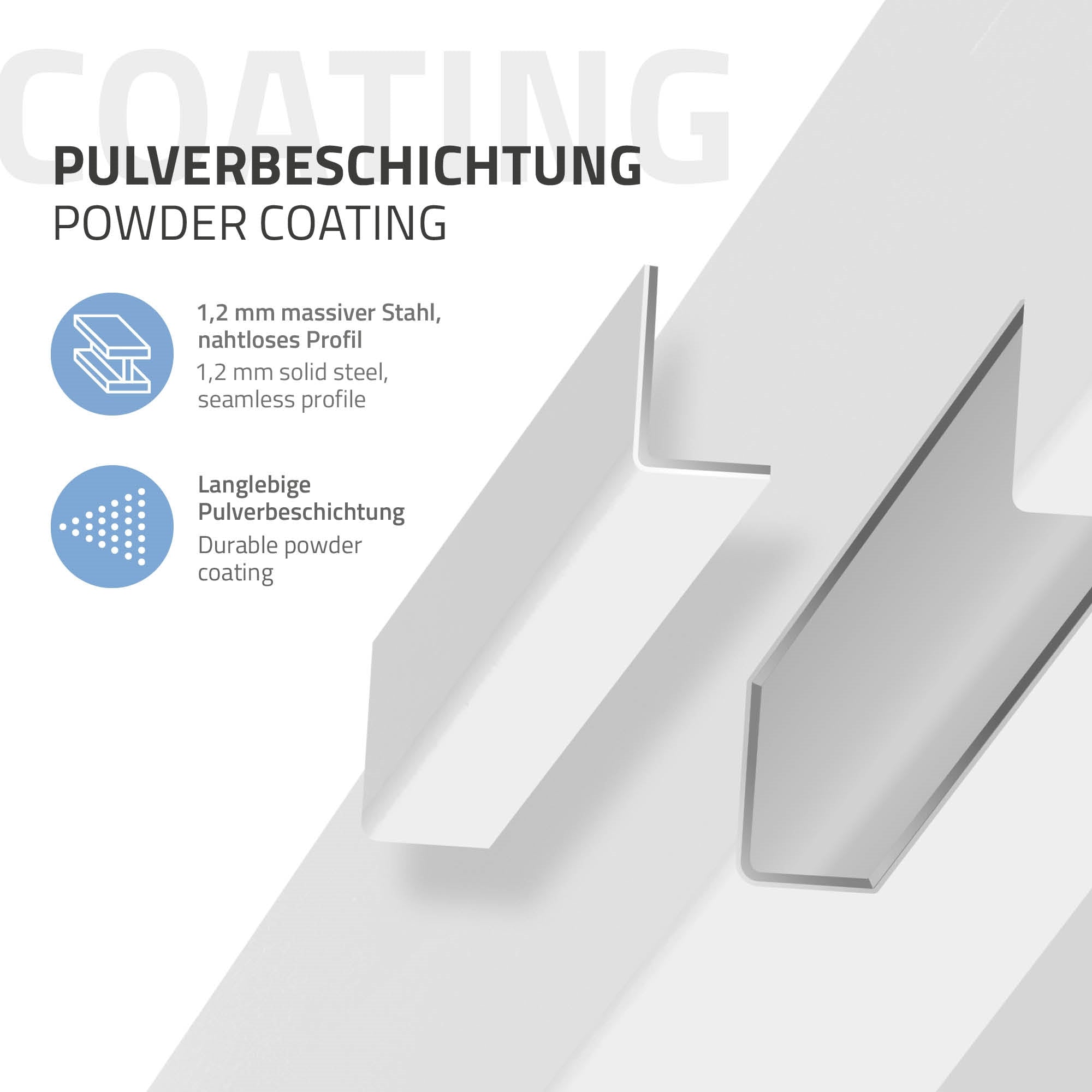 Graphic with two steel profiles and description of the powder coating.
