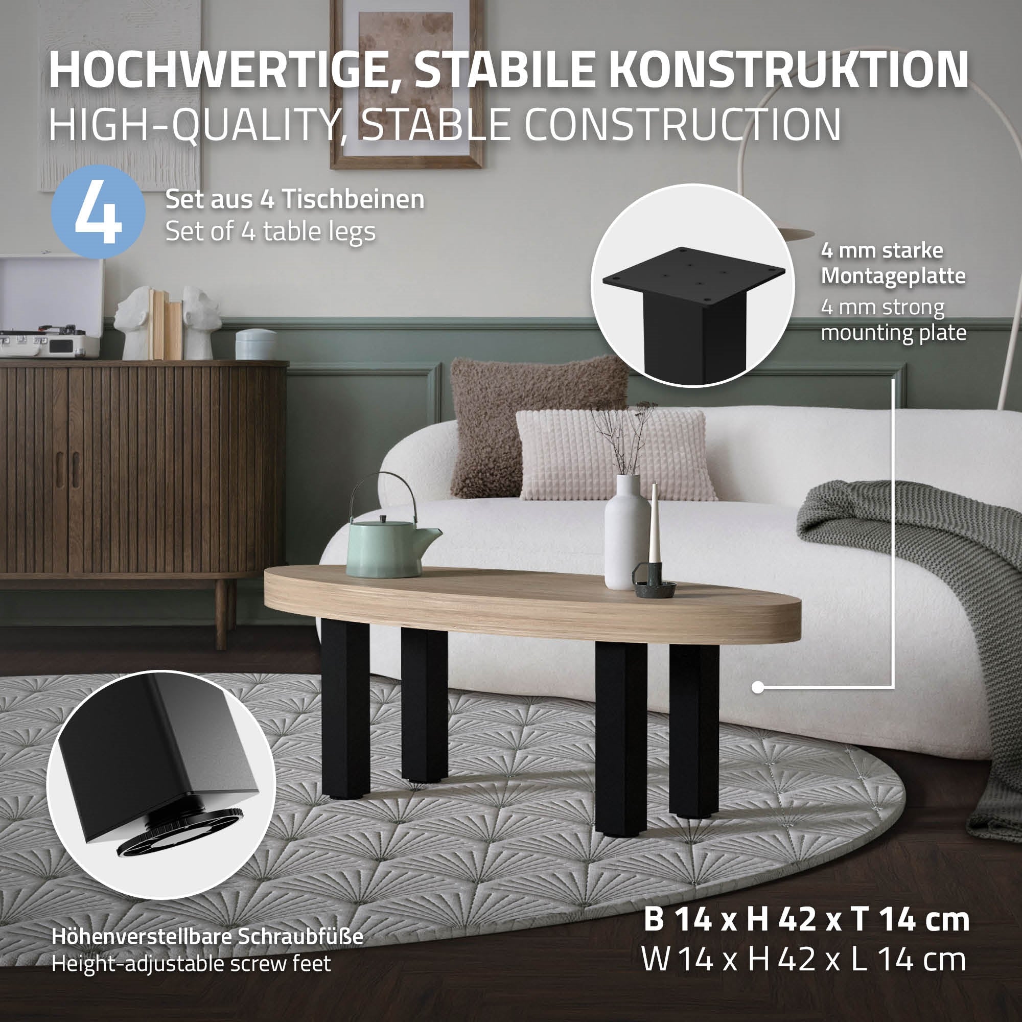 Tisch mit stabilen Beinen und einer Holzplatte in einem Wohnraum.