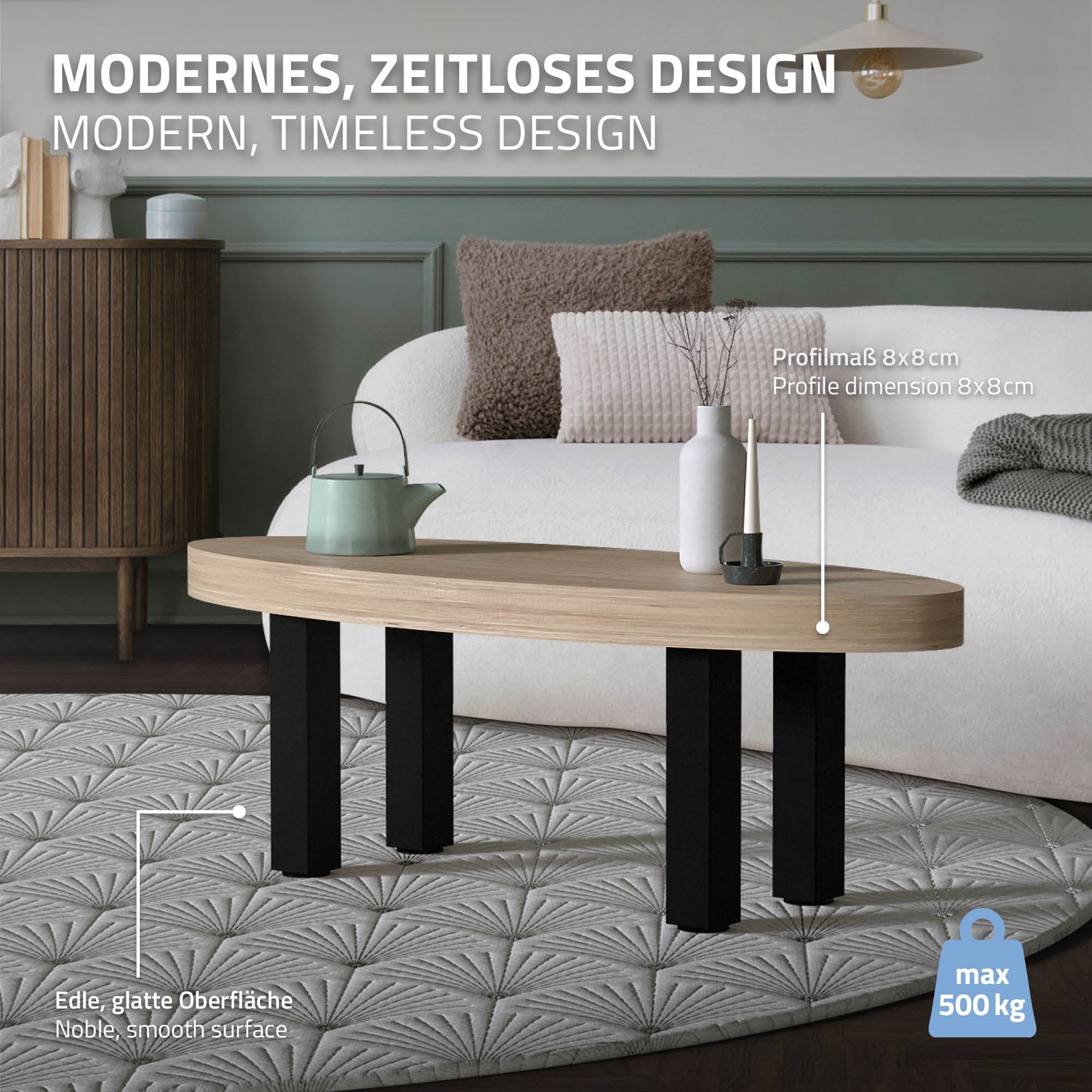 Una mesa de café moderna con superficie de madera ovalada y patas negras sobre una alfombra con patrón.