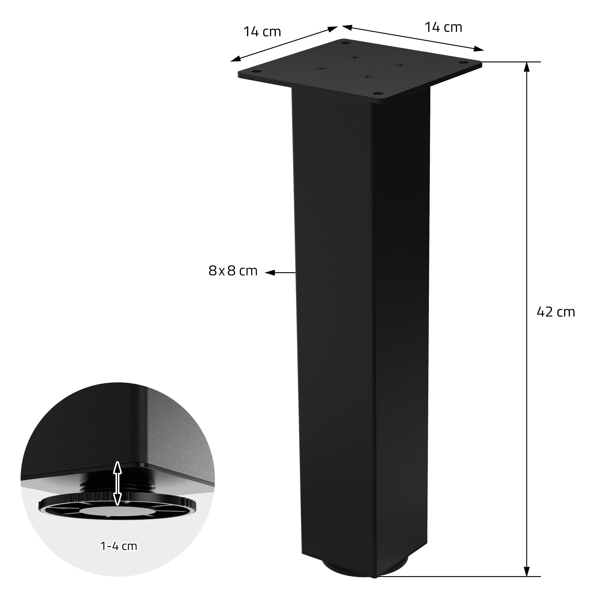 Base de mesa negra con medidas y una imagen detallada de la base.