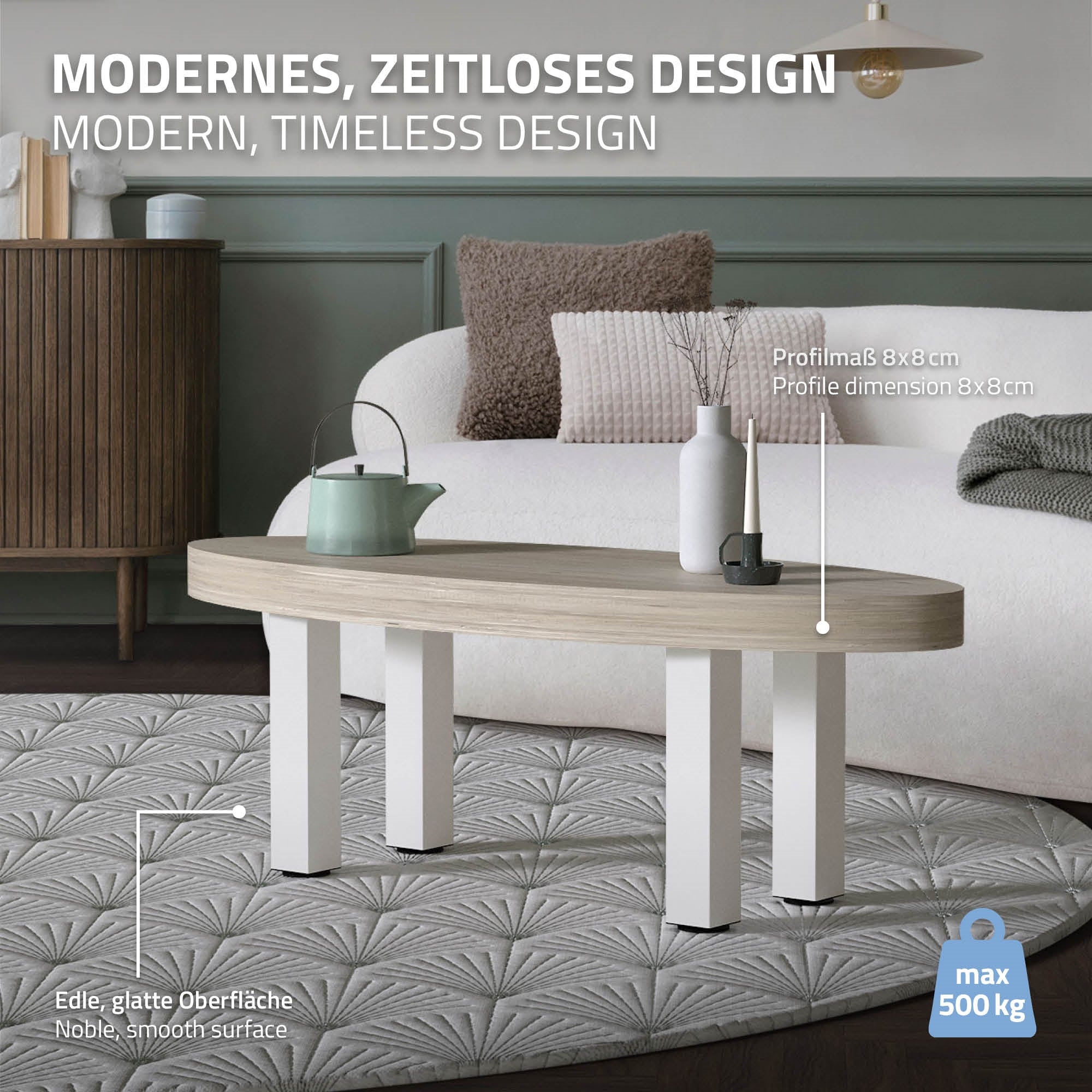 Una mesa elegante con superficie de madera y patas de mesa blancas.