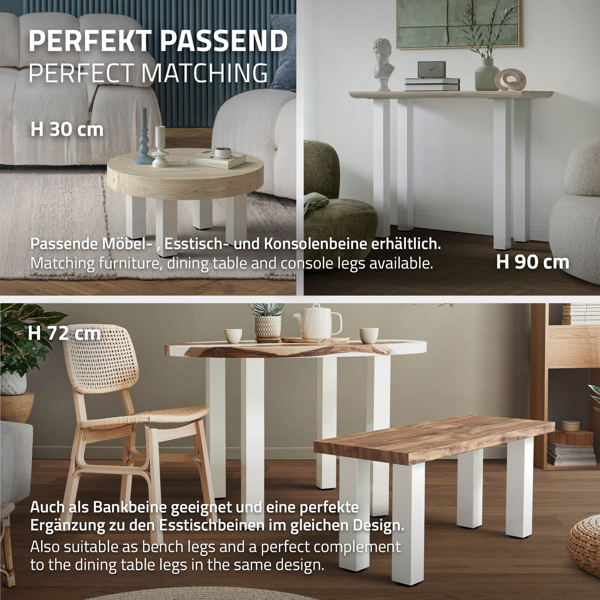 Dos mesas con diferentes alturas y patas de mesa a juego.