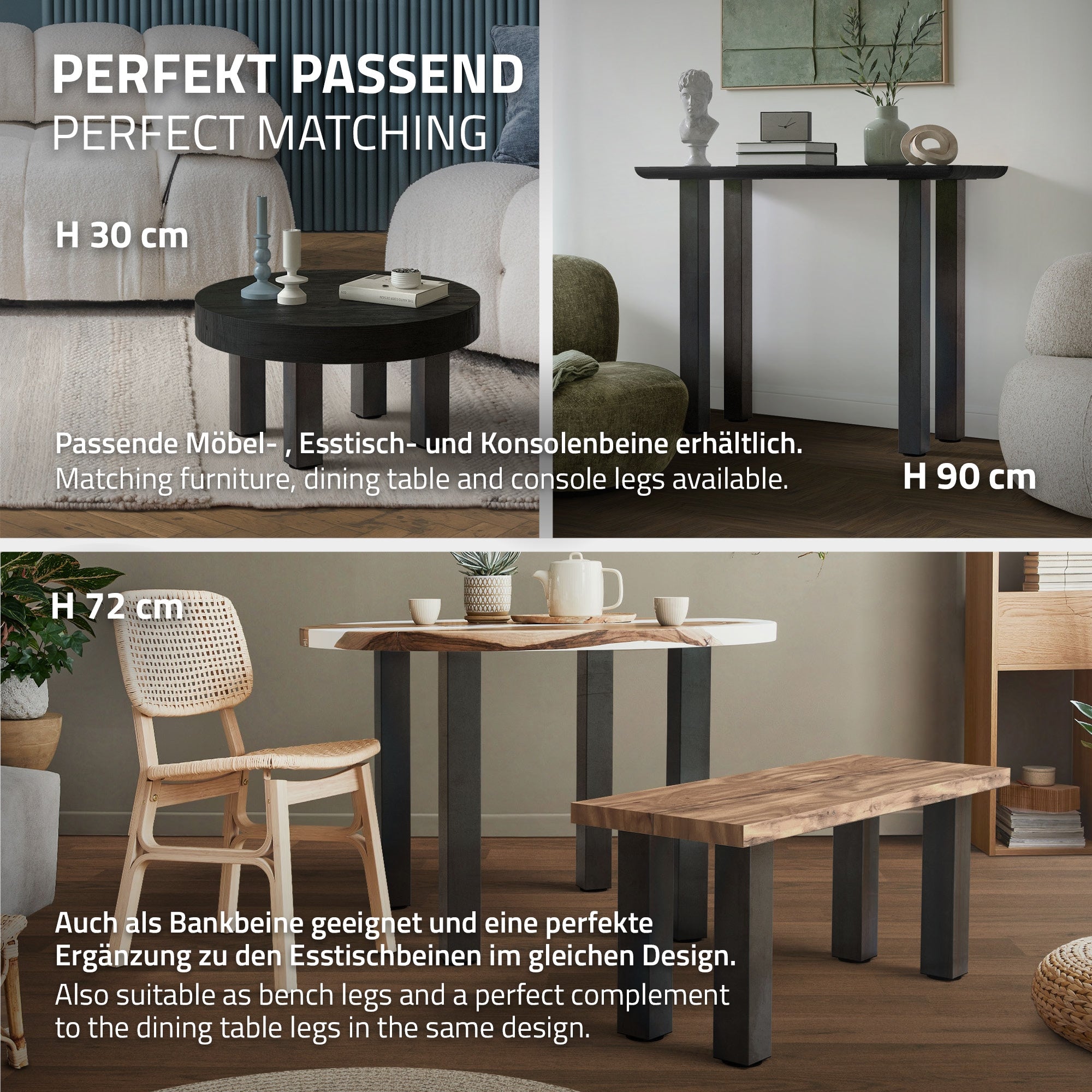 To borde med forskellige højder og designs, der viser passende møbler.