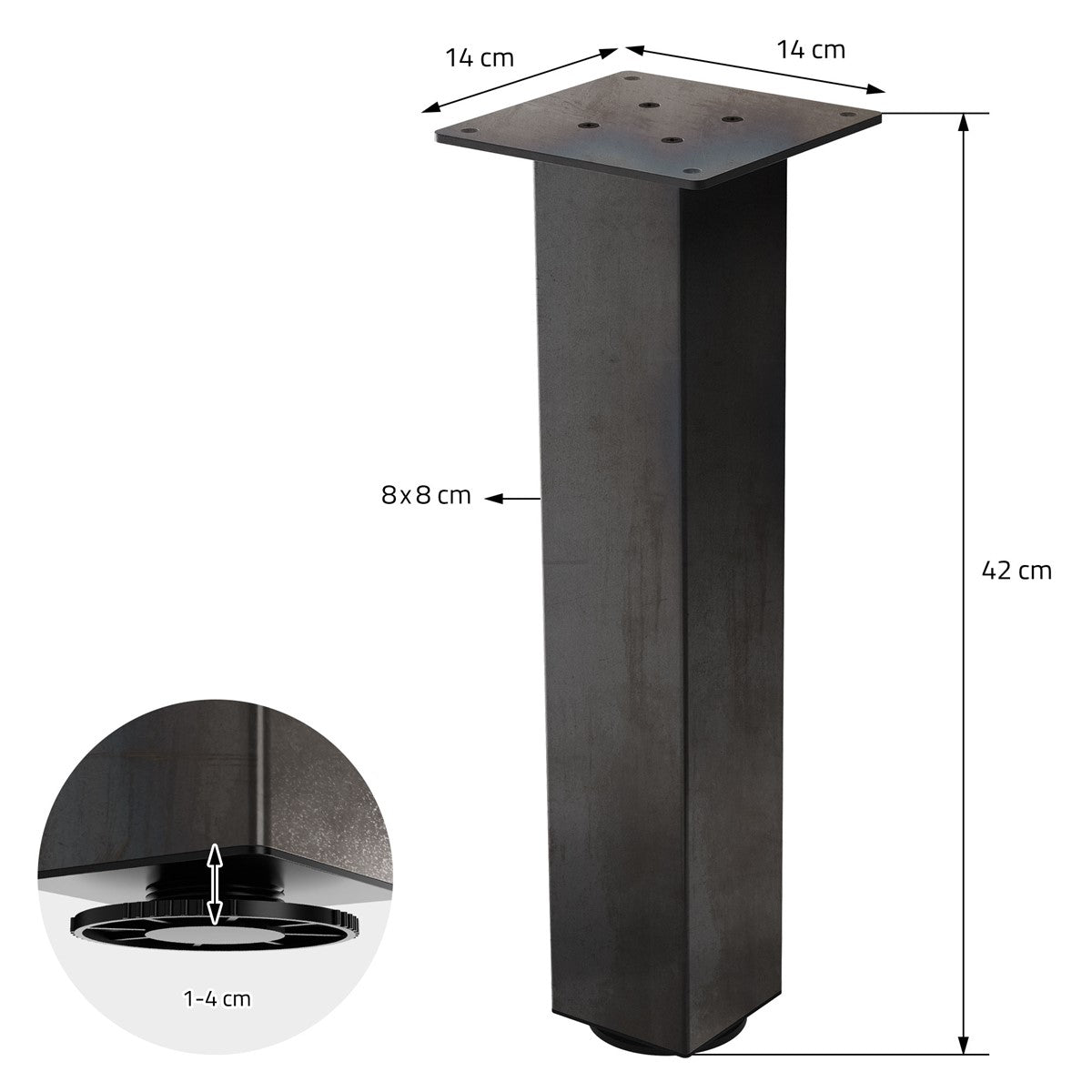 Pata de mesa negra con dimensiones y orificios de montaje.
