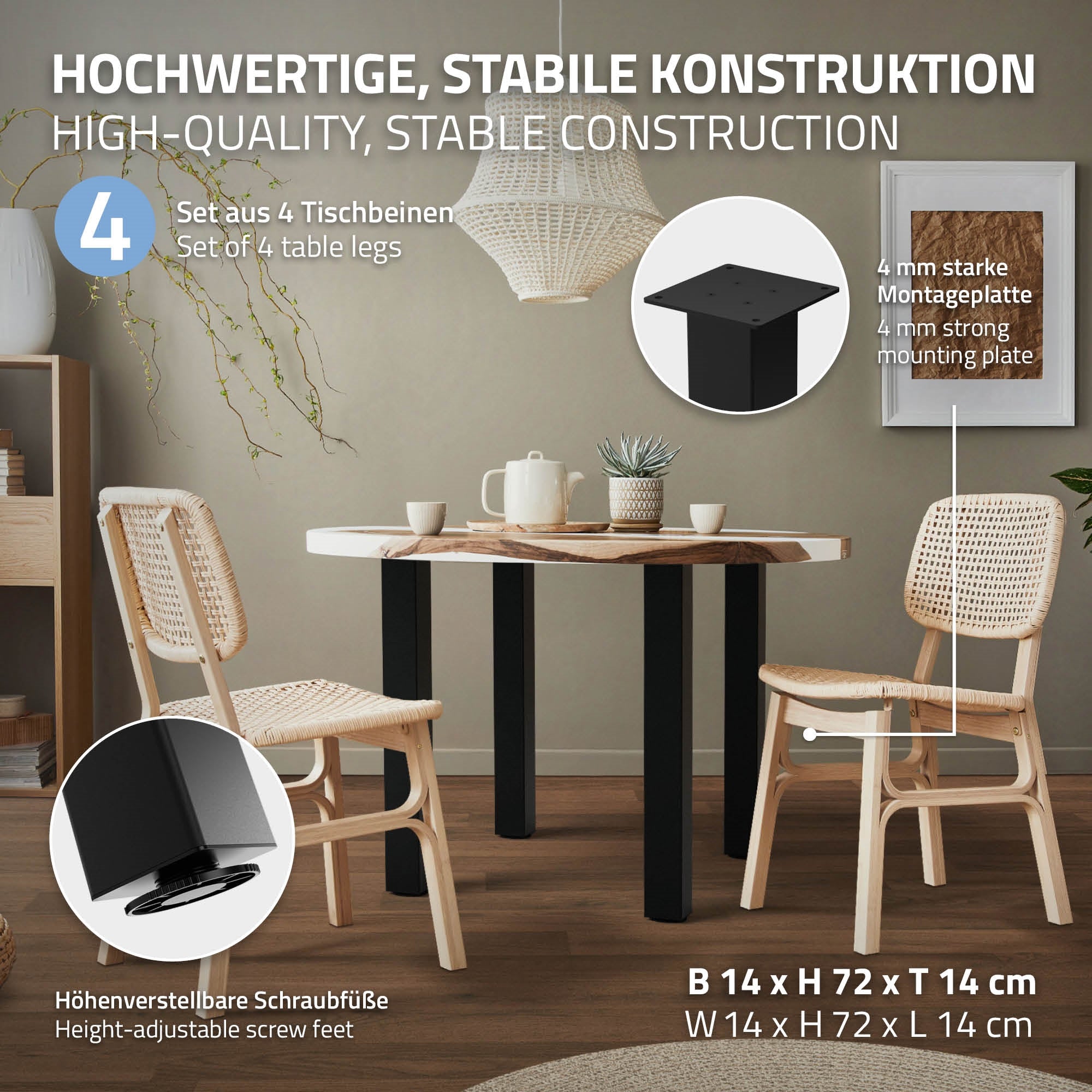 Tisch mit vier stabilen Tischbeinen und einer Montageplatte.