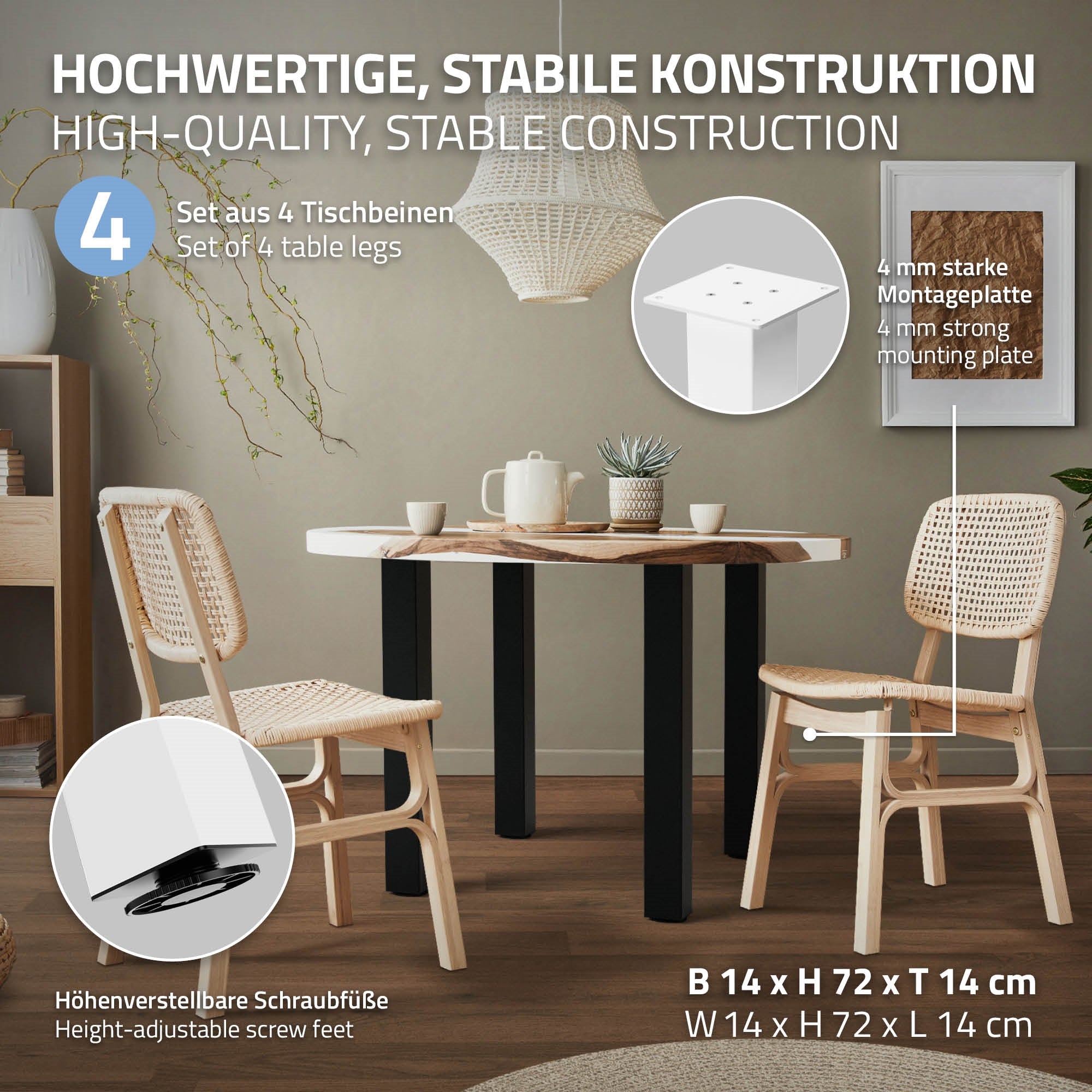 Ein Tisch mit vier Stühlen in einem modernen Raum, dekoriert mit Pflanzen und Lampen.