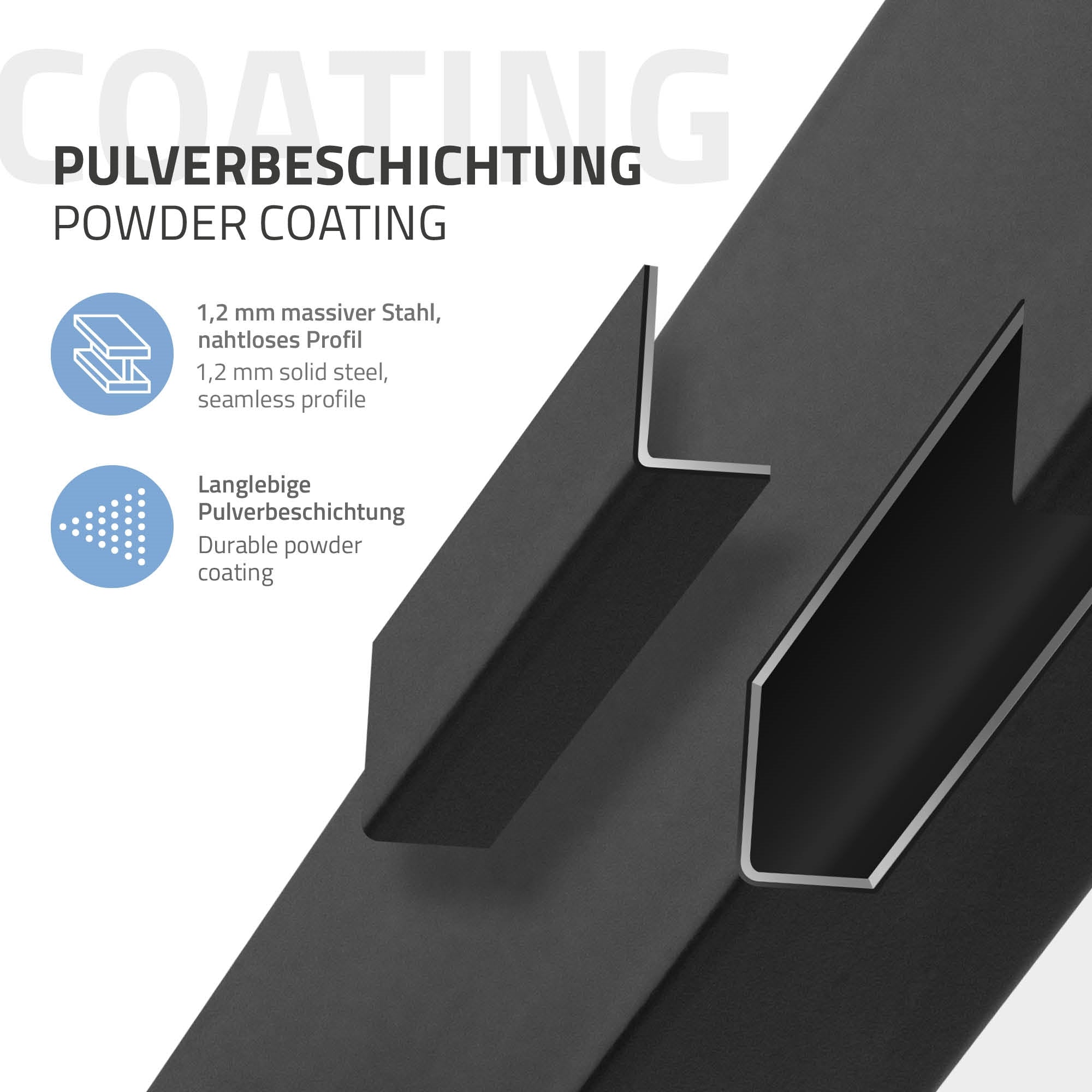 Detailansicht eines pulverbeschichteten Stahlprofils in Schwarz.
