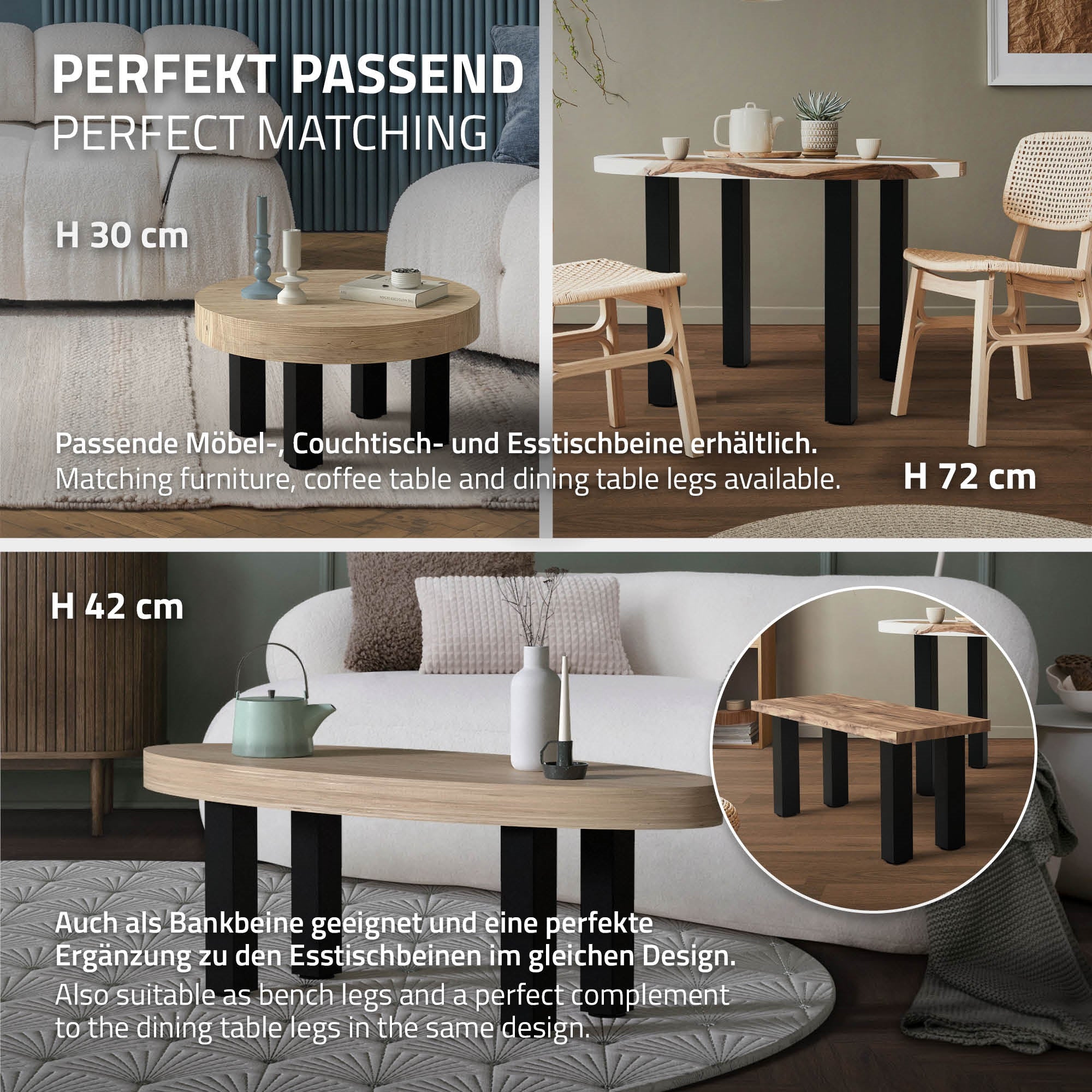 Zwei Tische mit unterschiedlichen Höhen, passend zu Tischbeinen im gleichen Design.
