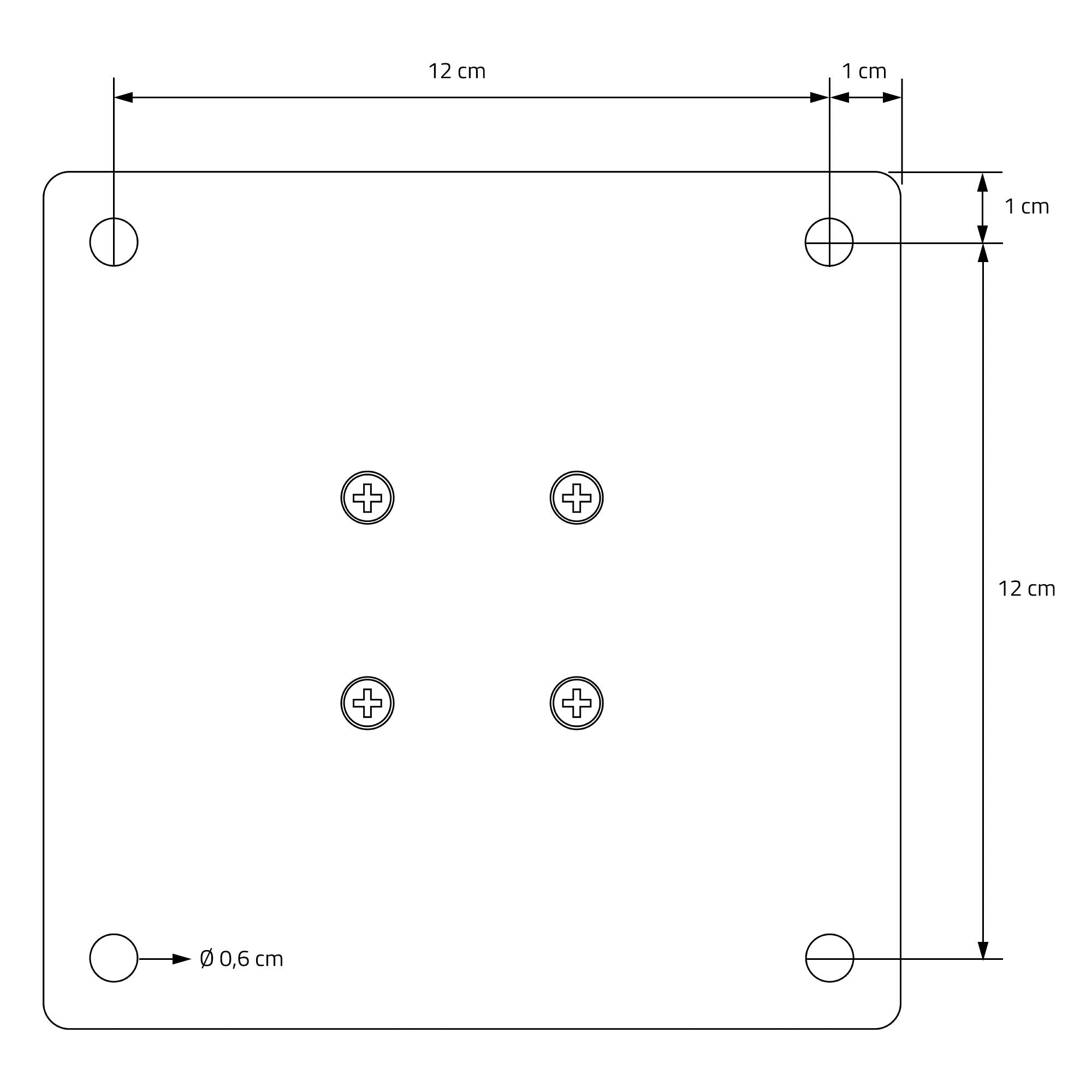 Technische Zeichnung eines quadratischen Teils mit Maßen und Bohrungen.