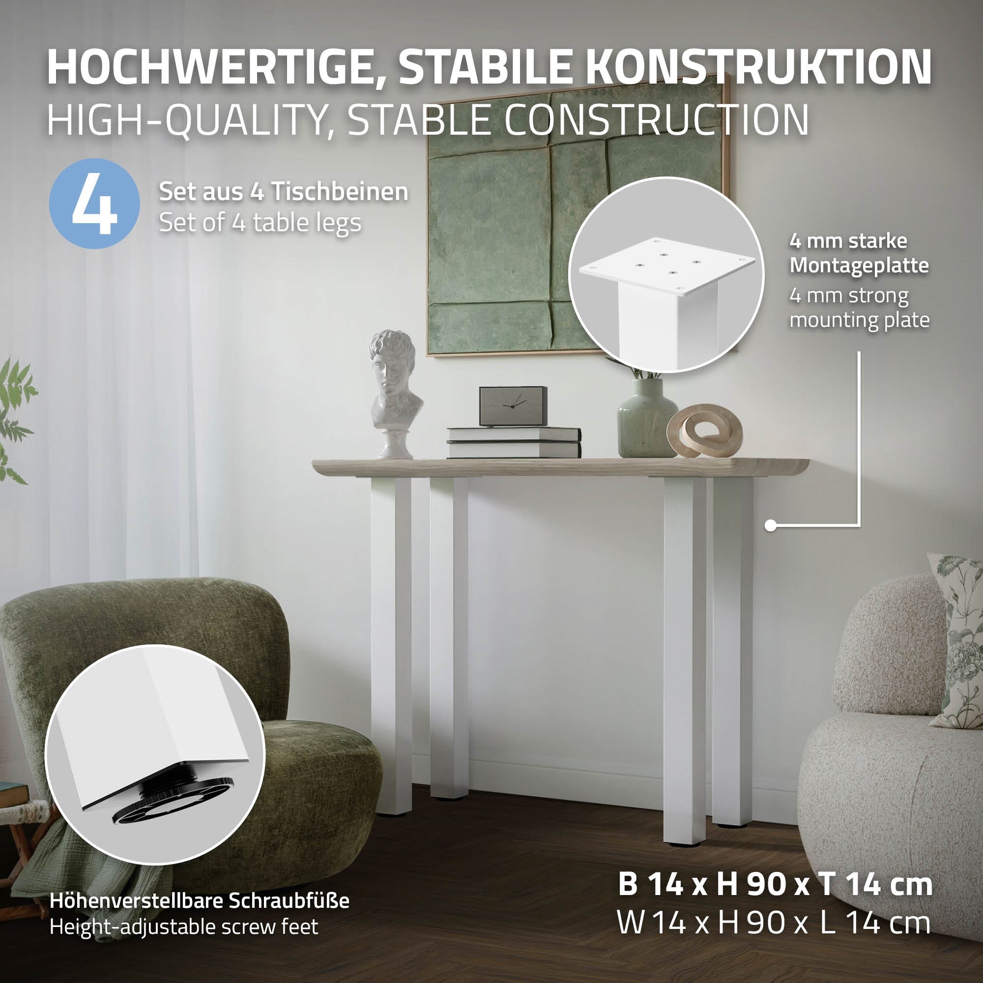 Ein Tisch mit stabilen Beinen und einer Montageplatte, auf einem hellen Hintergrund.