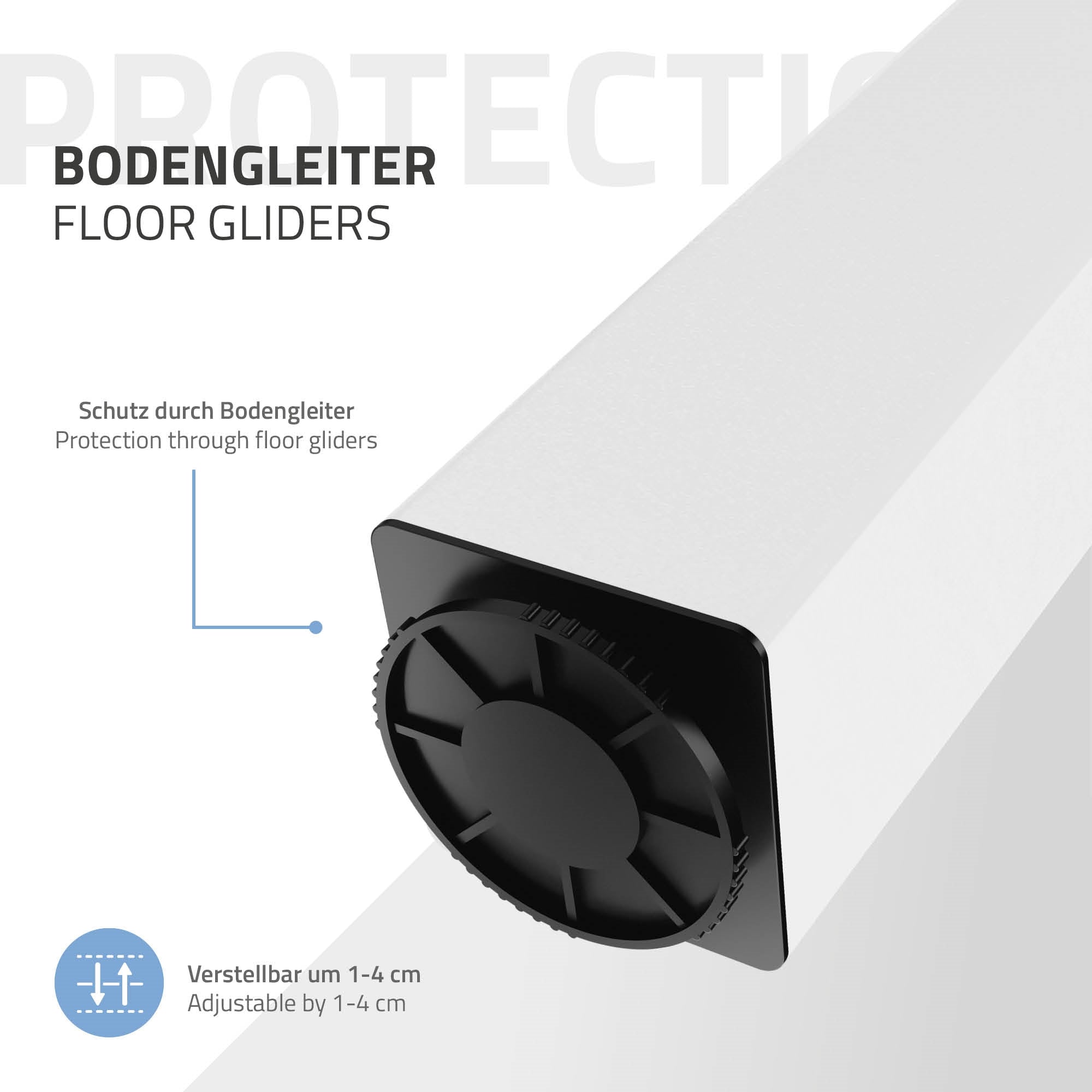 Close-up of a floor glide with an adjustable mechanism.