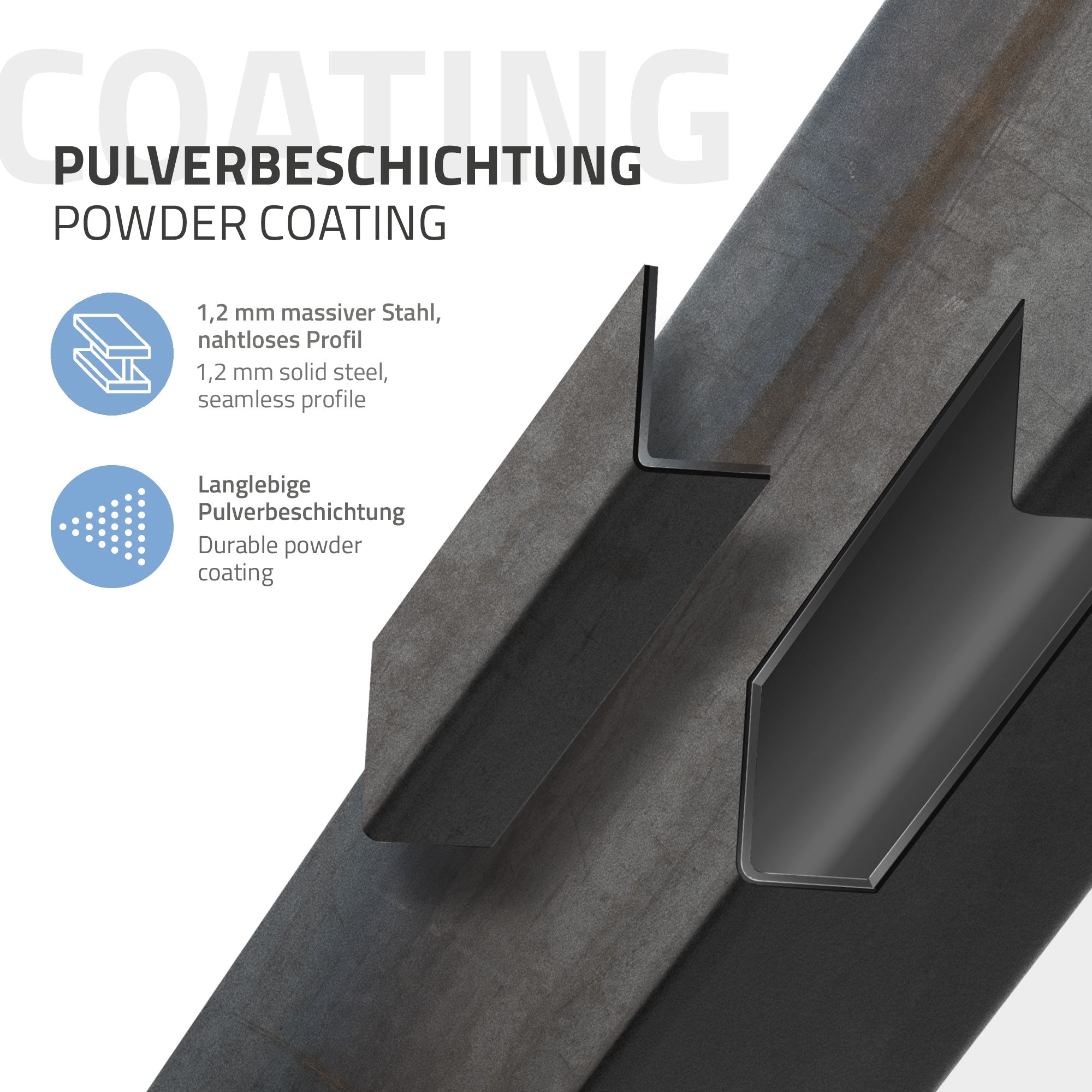 Detail view of a steel profile with powder coating and technical information.