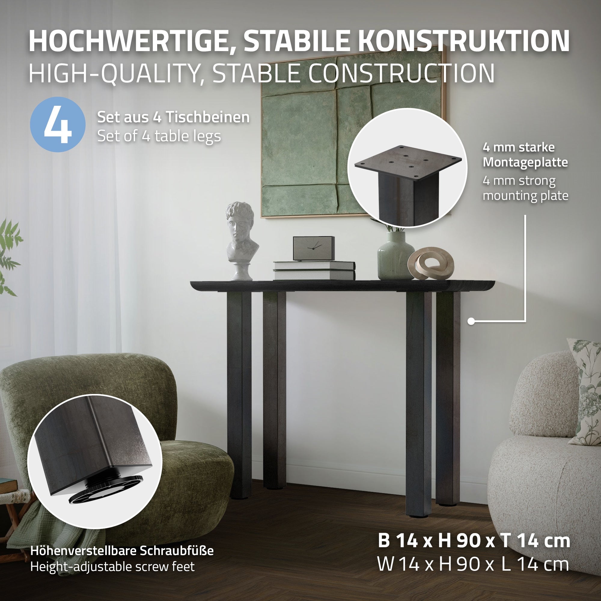 Tisch mit stabilen Beinen und einer Schraubfuß-Höhenverstellung.