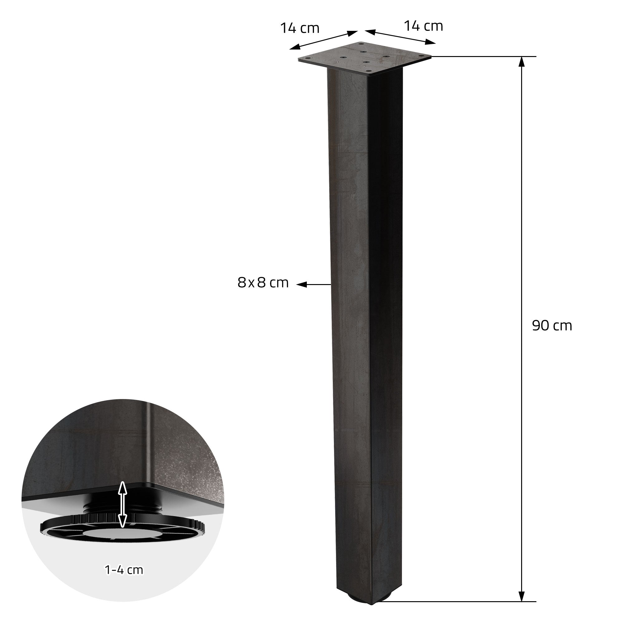 Dimension drawing of a table leg with measurements and a cutout.