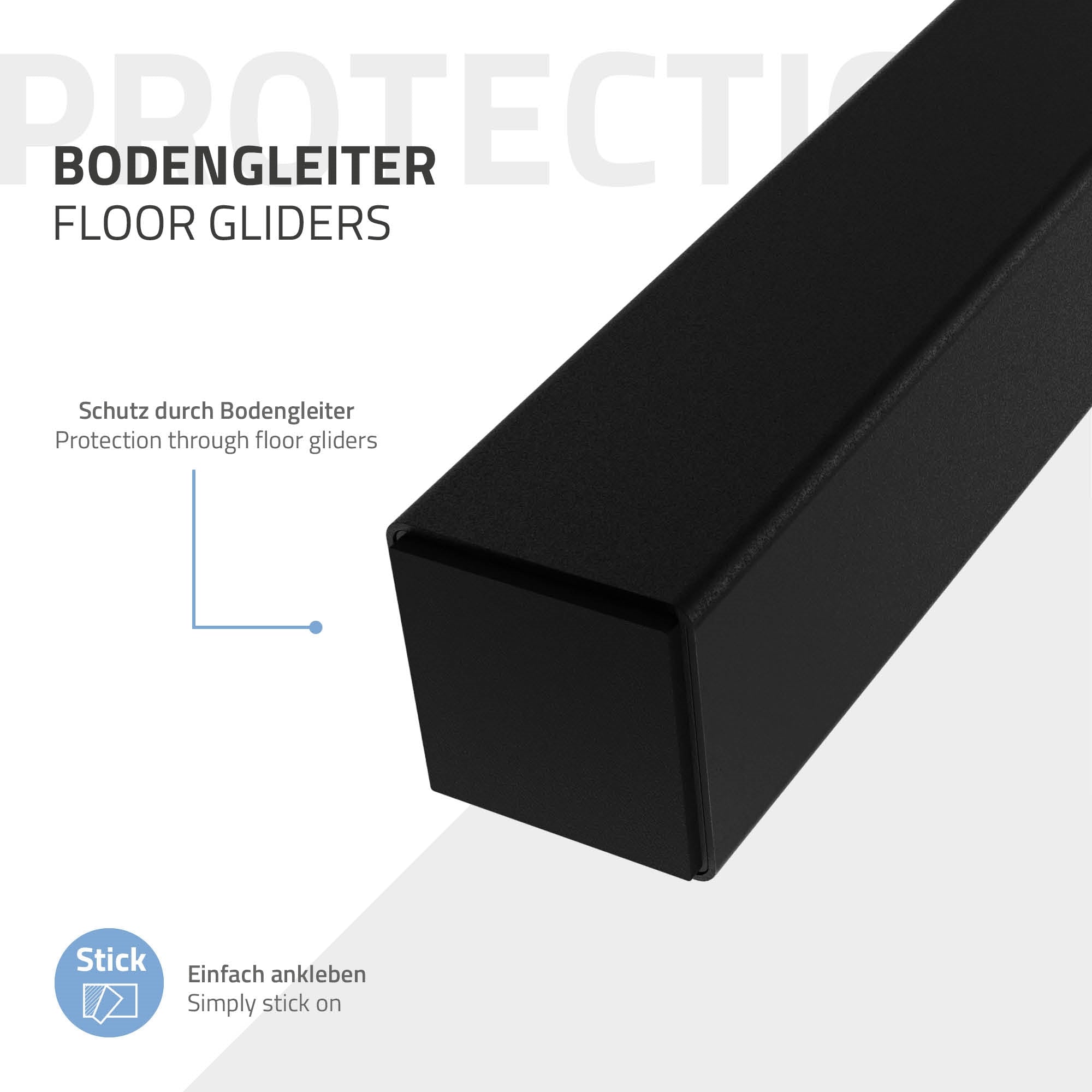 Black floor strip, rectangular, with text for function as a floor glider.
