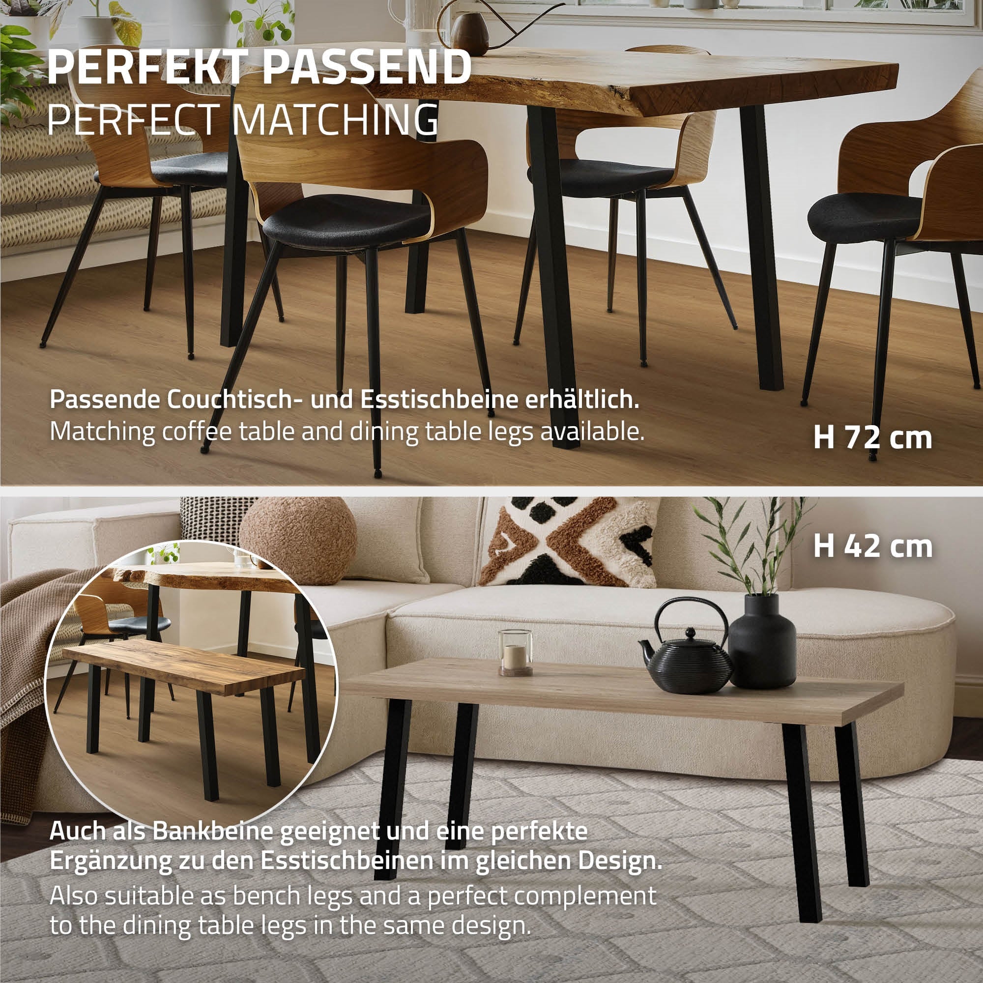 Dining and coffee table with matching table legs.
