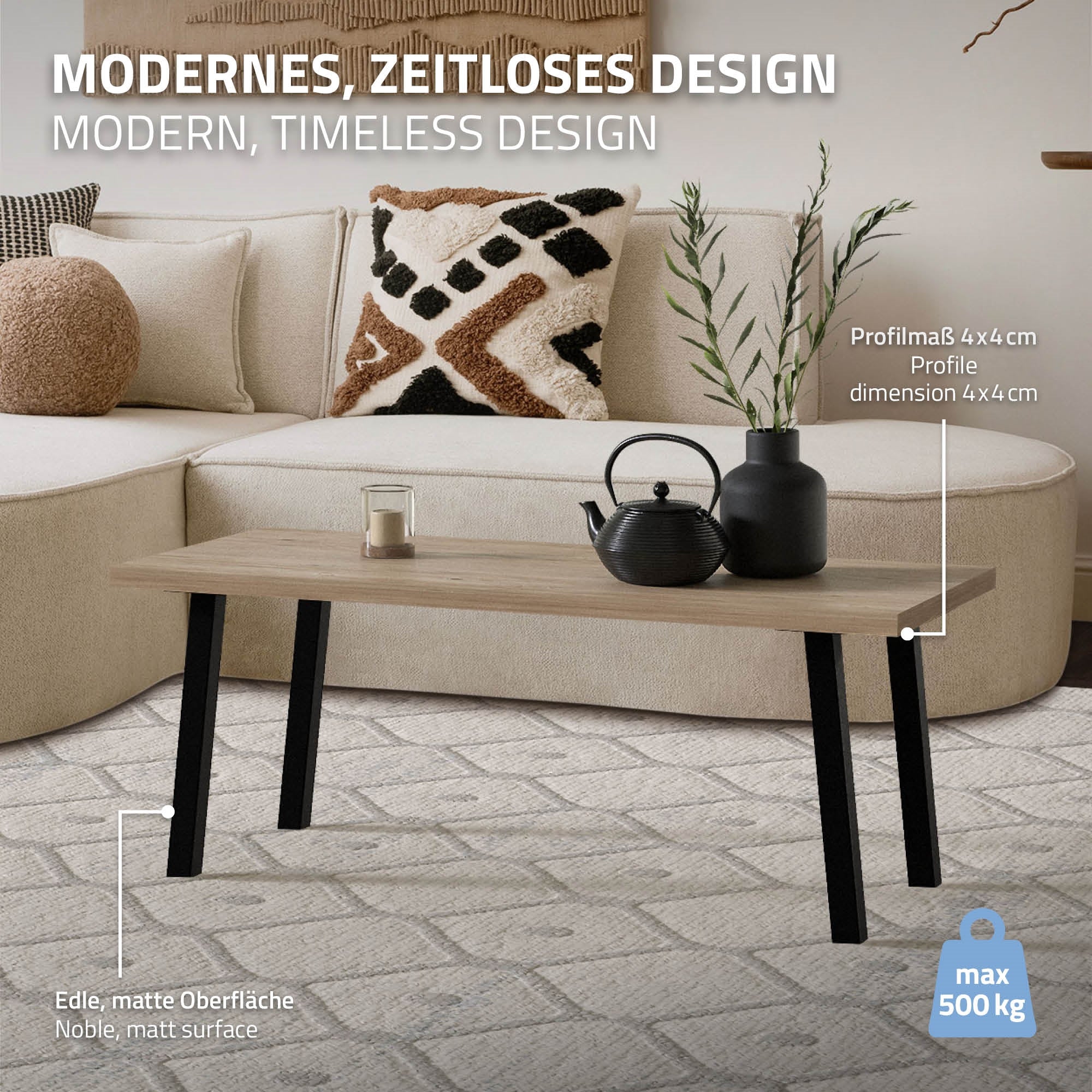 Moderner Couchtisch mit Holzoberfläche und schwarzen Beinen in einem Wohnzimmer.
