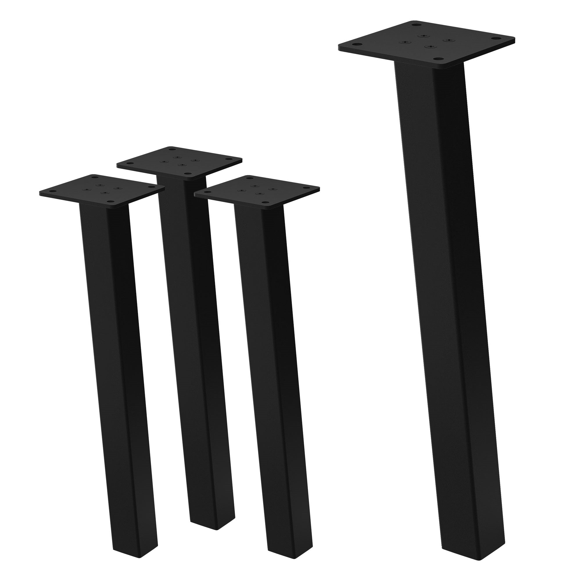 Vier schwarze Tischbeine mit quadratischer Platte und verschiedenen Höhen.