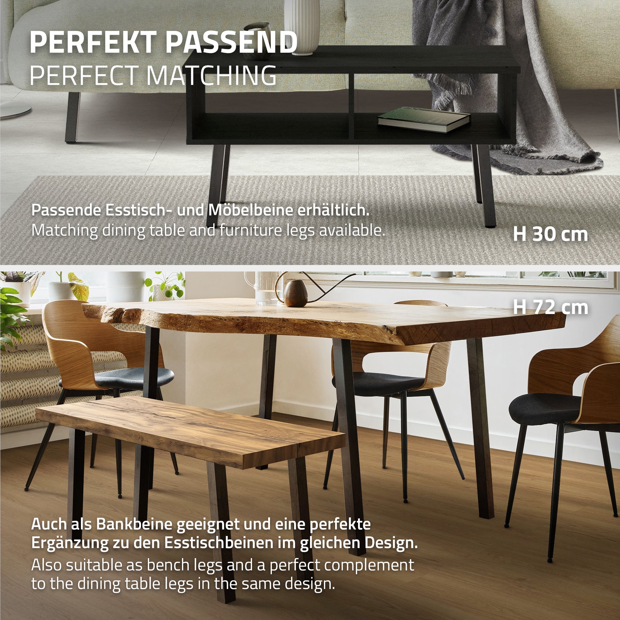 Deux tables avec des pieds assortis, l'une de 30 cm de hauteur, l'autre de 72 cm.